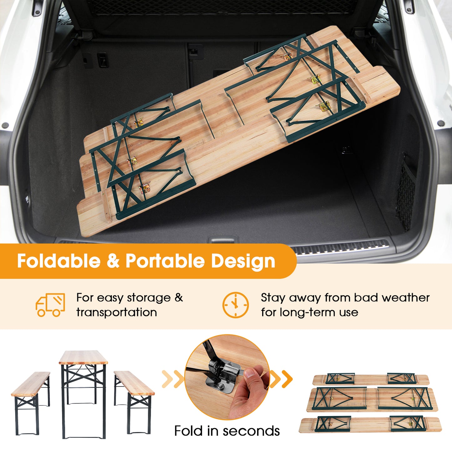 Folding Wooden Picnic Table and Bench Set - 3 Pieces