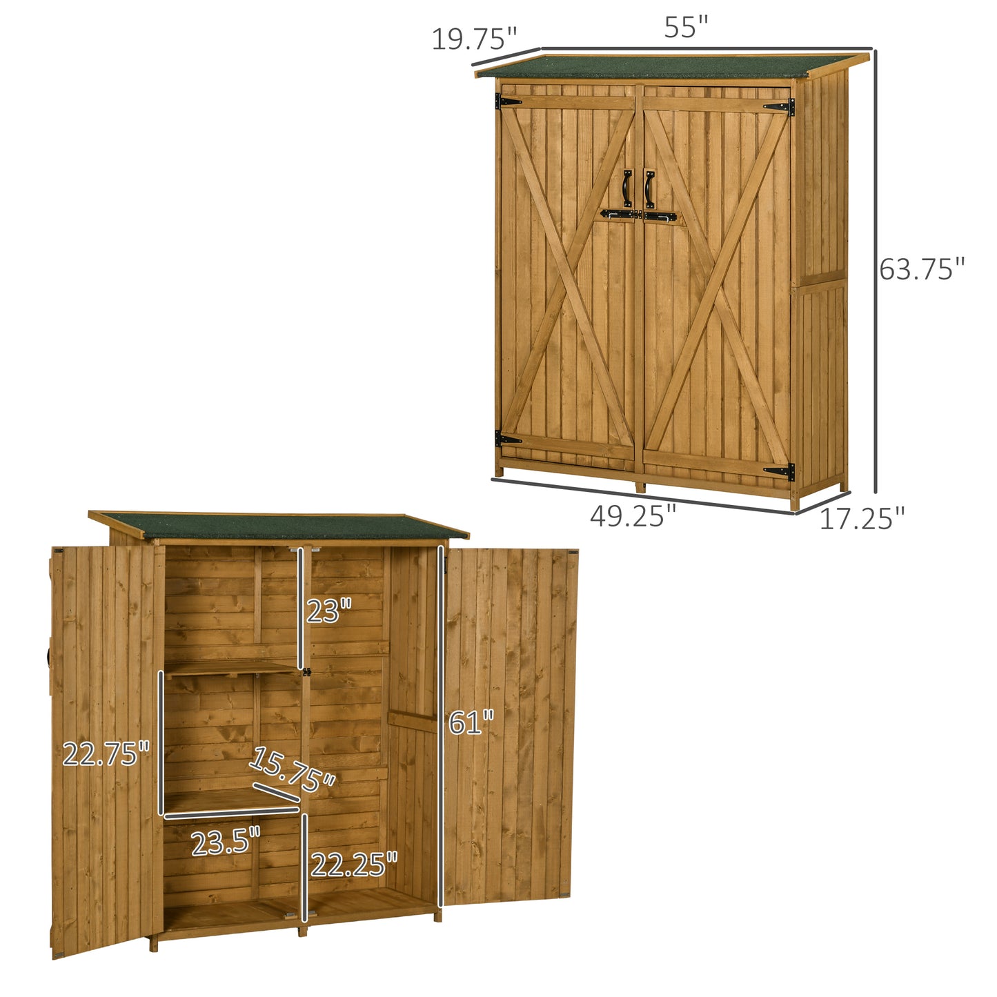 Outdoor Wooden Garden Storage Shed with Waterproof Asphalt Roof - Lockable, 3-Tier Shelves, Natural Finish