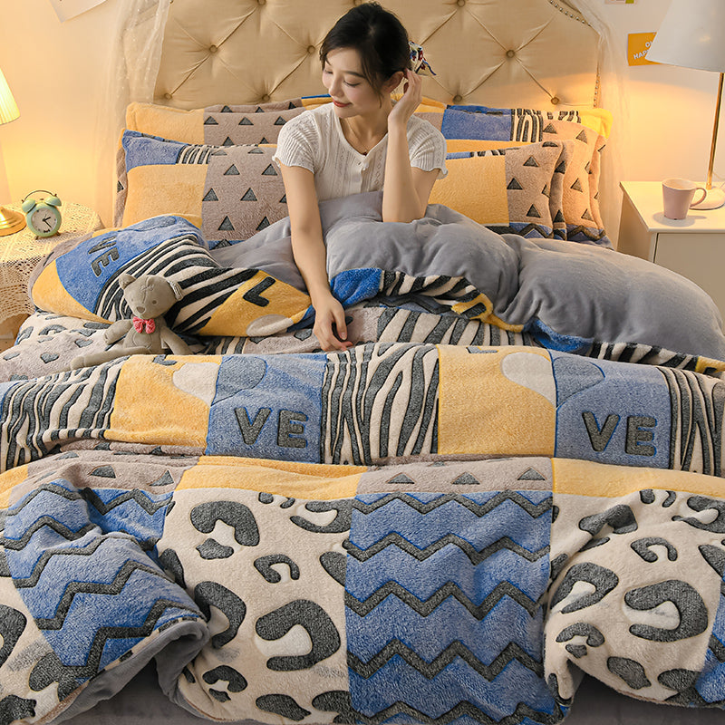 Coral Velvet Duvet Cover Set Double Sided Thick Bedding with Cartoon Patterns
