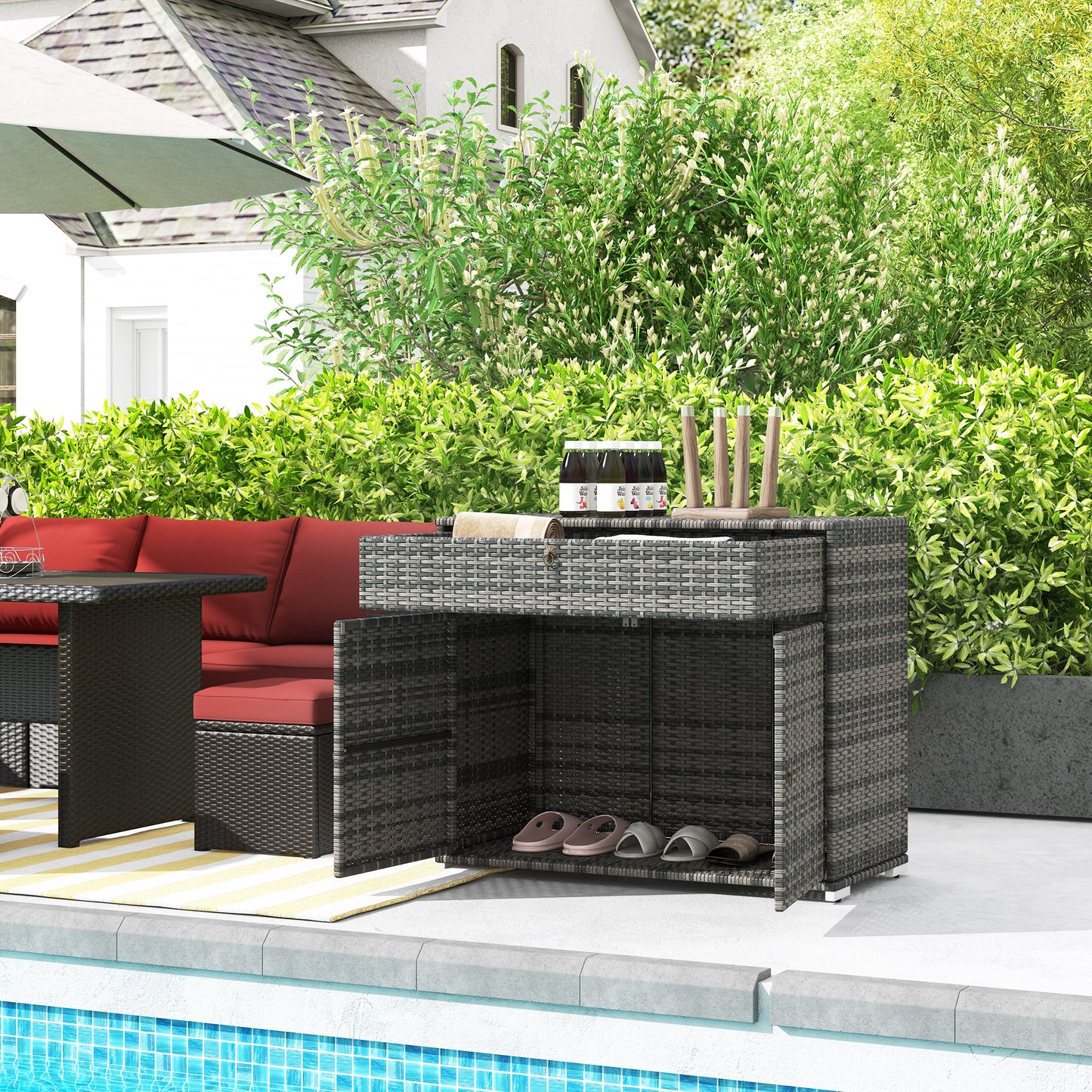 Outdoor Storage Cabinet - Waterproof PE Rattan with Drawer - Gray