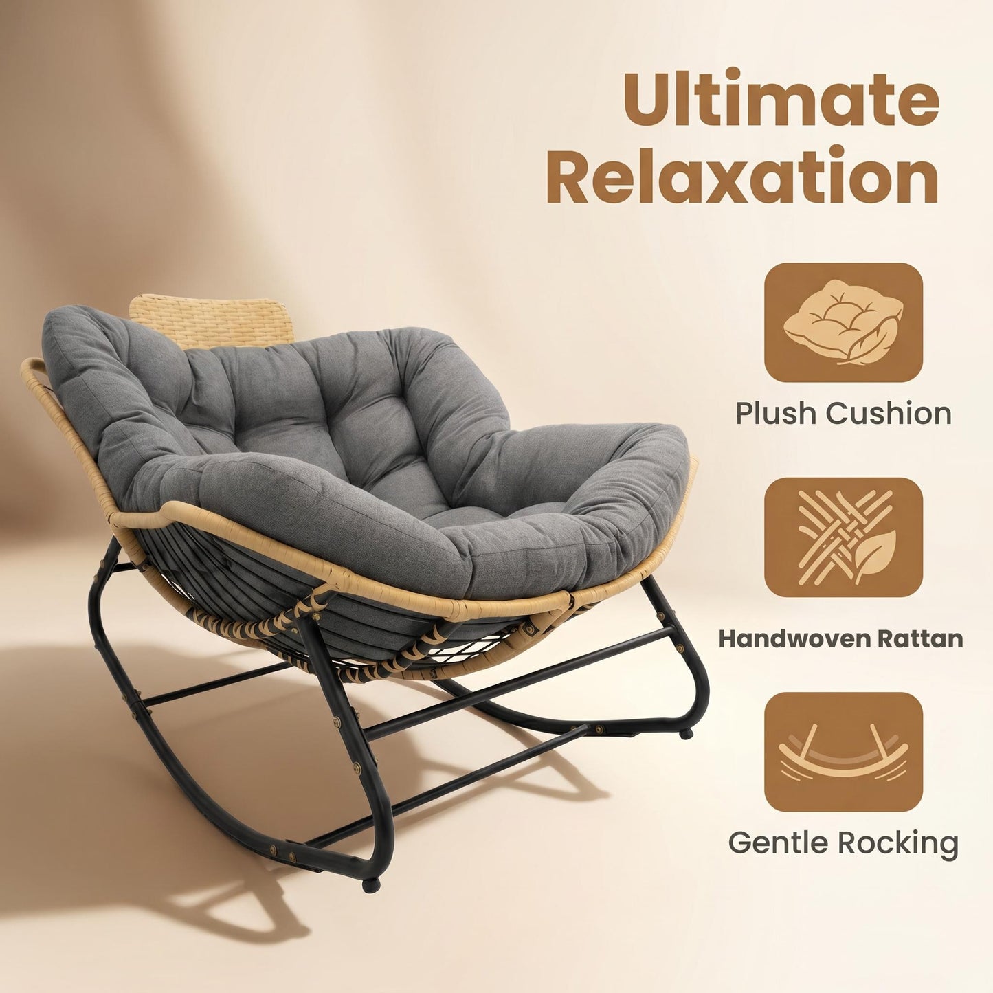 Oversized Rocking Chair with Cushion - Dark Grey Rattan