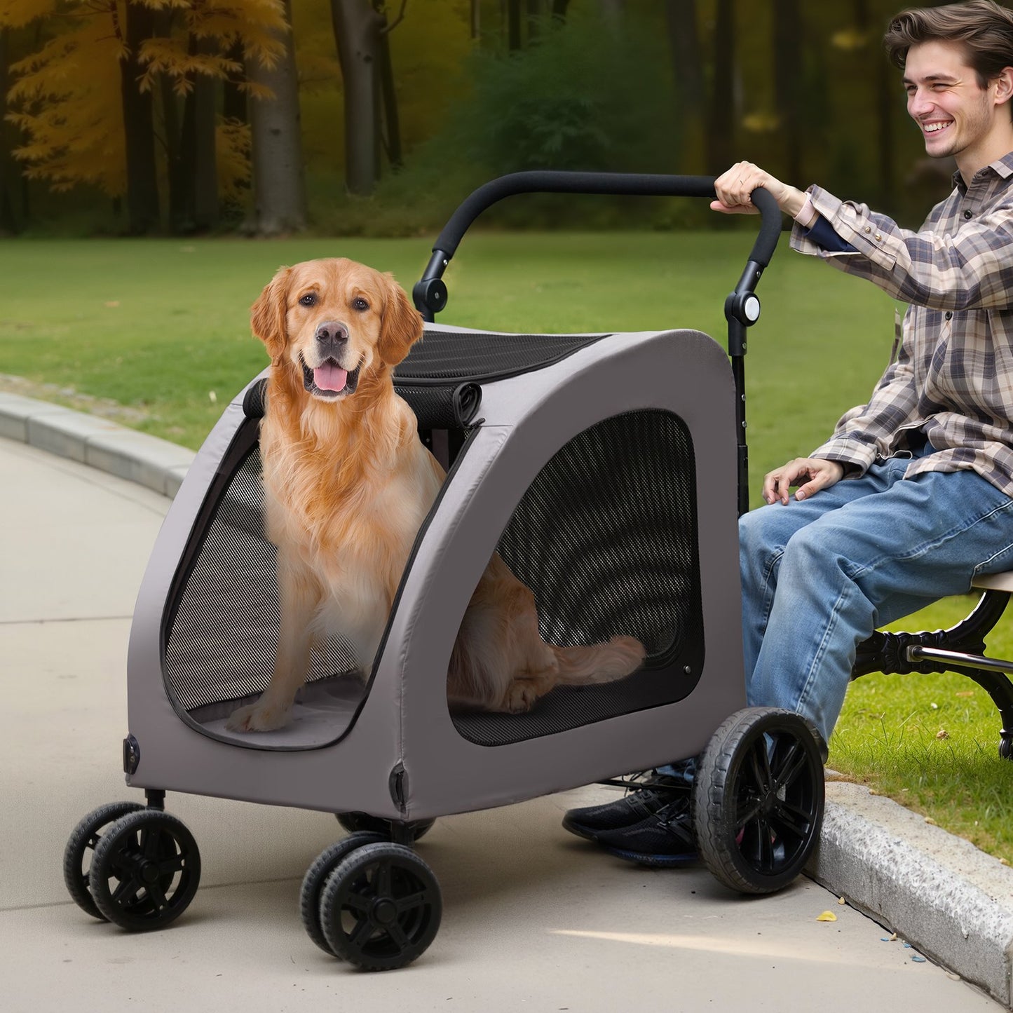 Pet Stroller 4-Wheel Dog Carrier with 160lbs Capacity, Portable & Durable
