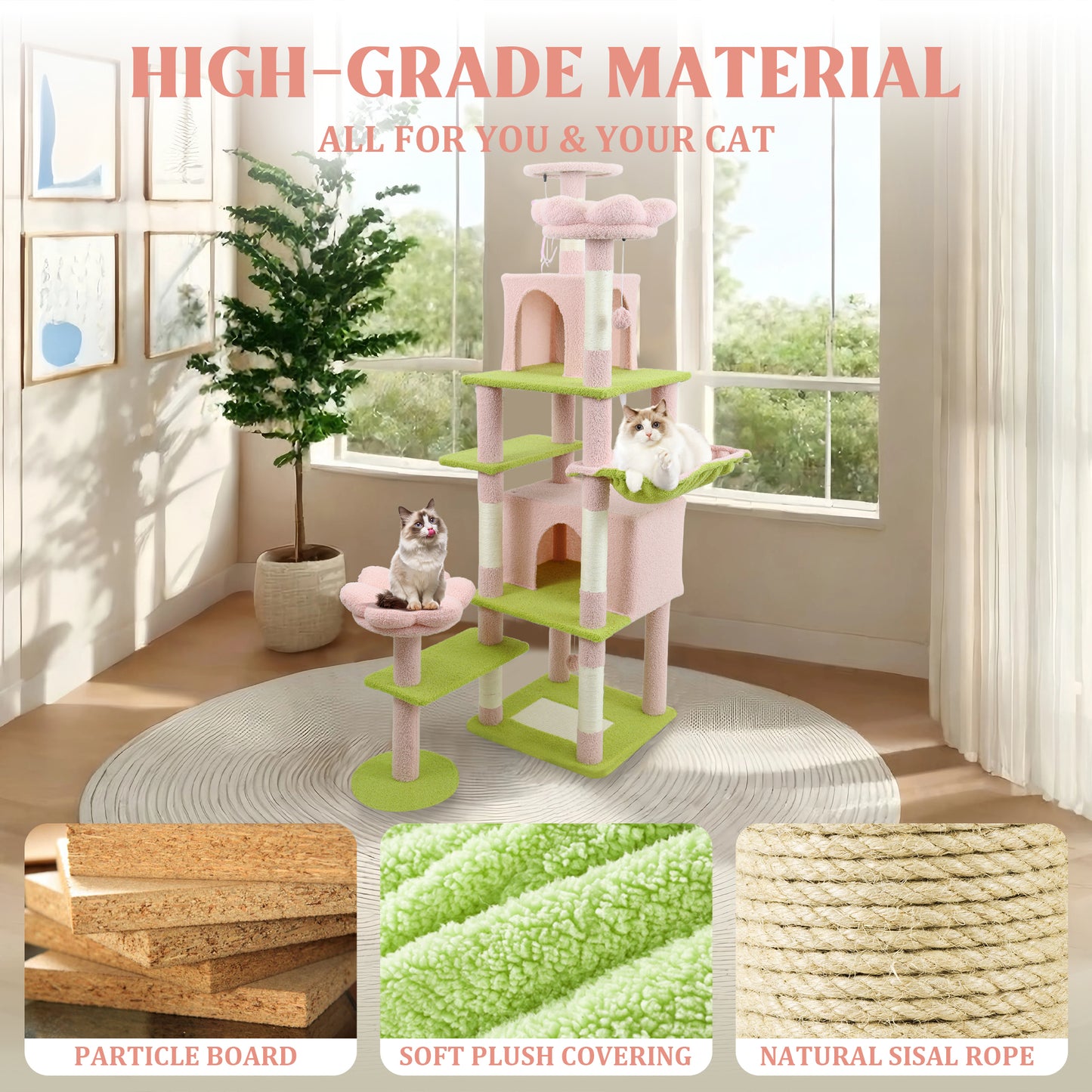 71-Inch Flower Cat Tree with Large Condo, Removable Flower Cushion & Hammock - Pink