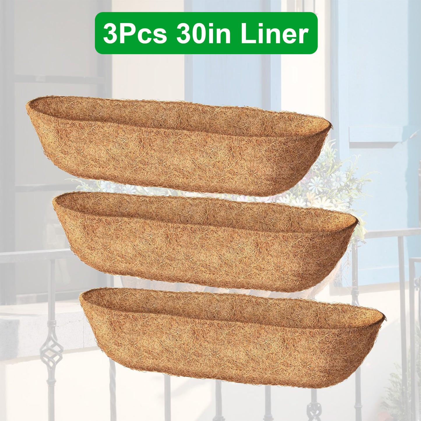 3 Pack Coconut Coir Planter Liners for Window Boxes & Hanging Baskets