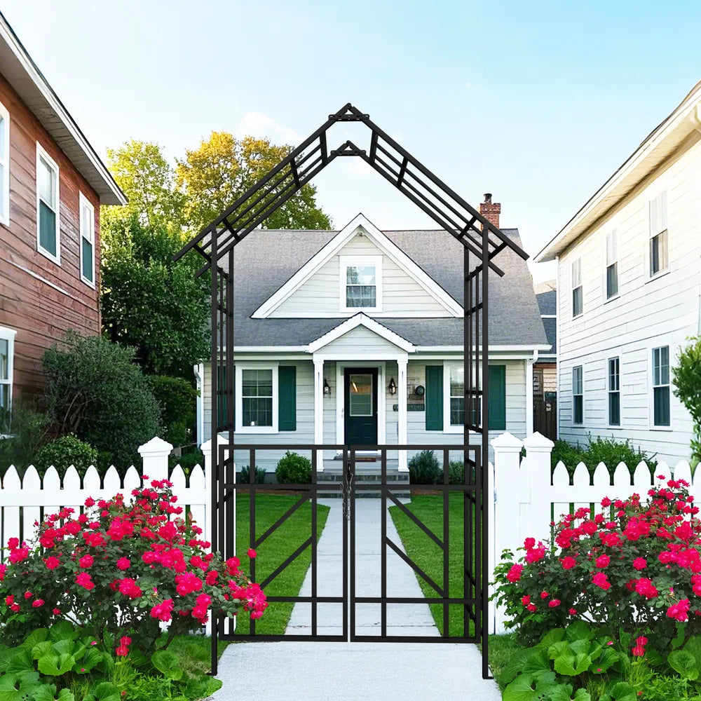Metal Garden Arch with Gate - Black Climbing Plant Support