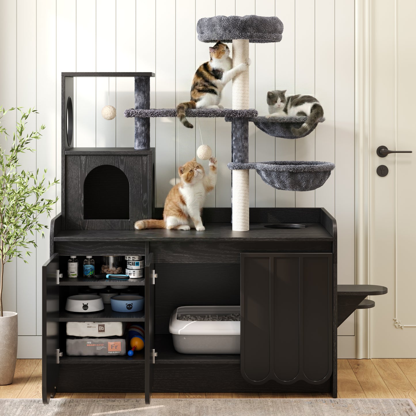 50.6 Cat Tree With Litter Box Enclosure, Tower Sisal Scratching Post