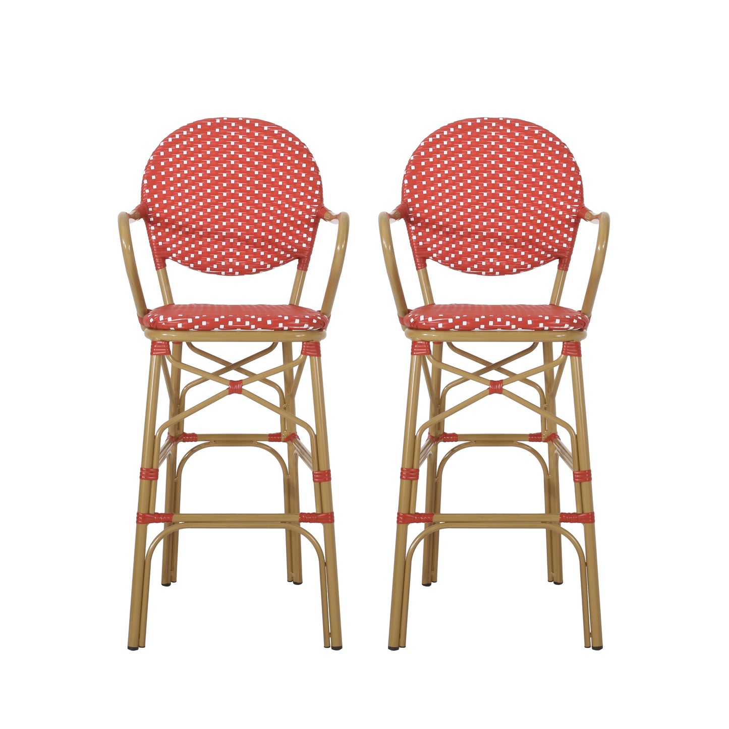 Outdoor Wicker And Aluminum 29.5 French Barstools, Set Of 2, Red,