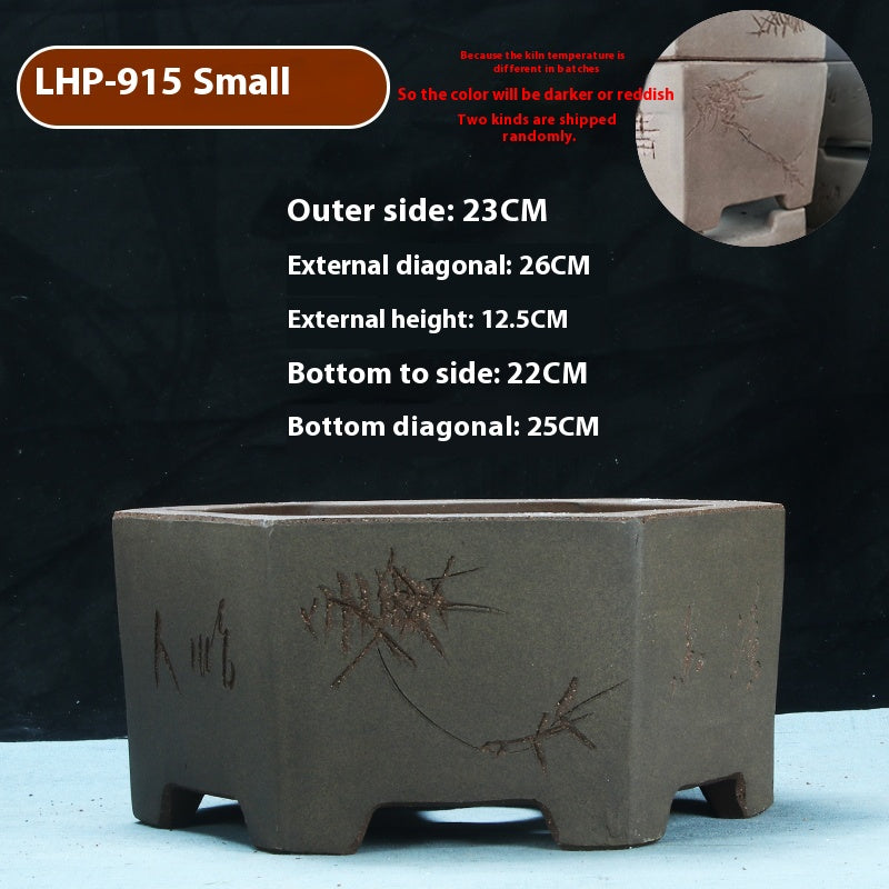 Large Hexagonal Ceramic Bonsai Basin with Purple Sand for Home Garden