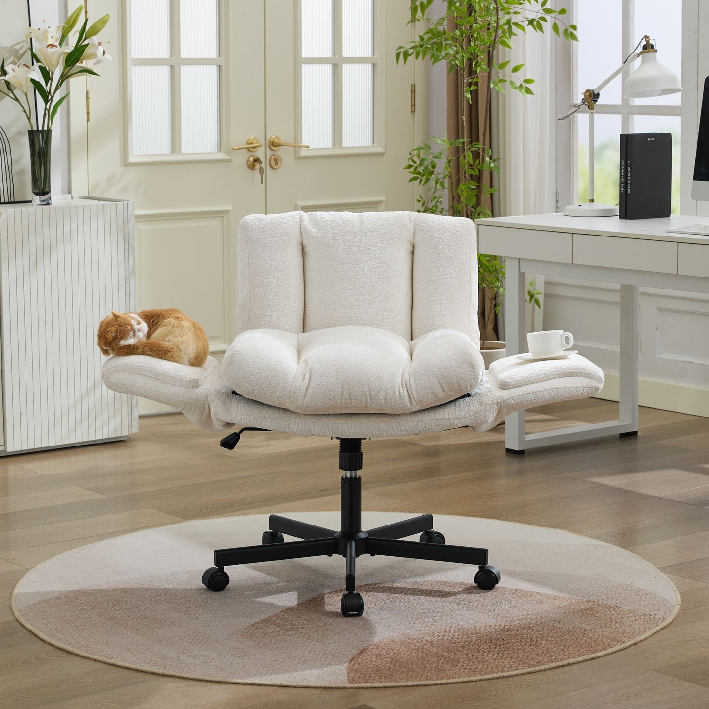 Chenille Swivel Office Chair - Height Adjustable with Armrests - Beige