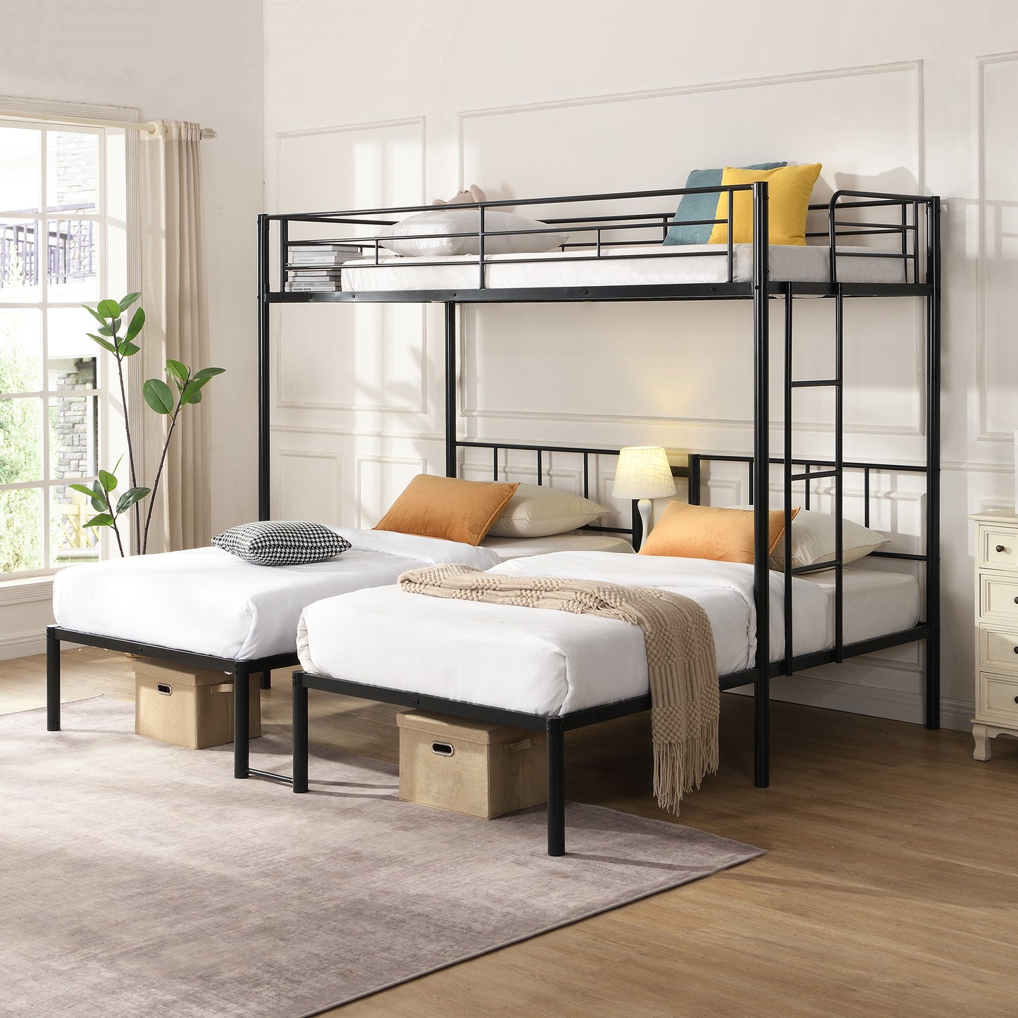 Triple Bunk Bed - Twin Over Twin Metal Frame with Safety Rail - Black