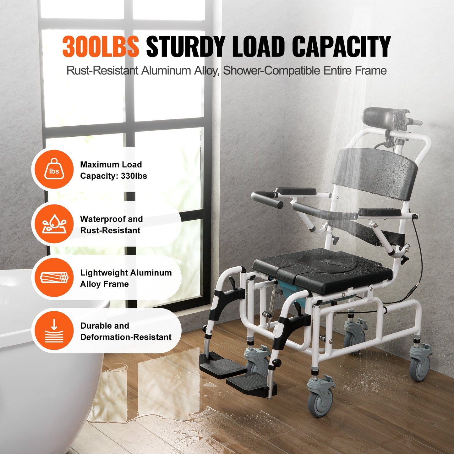 17.5-Inch Aluminum Shower Wheelchair for Disabled Adults with Adjustable Seat