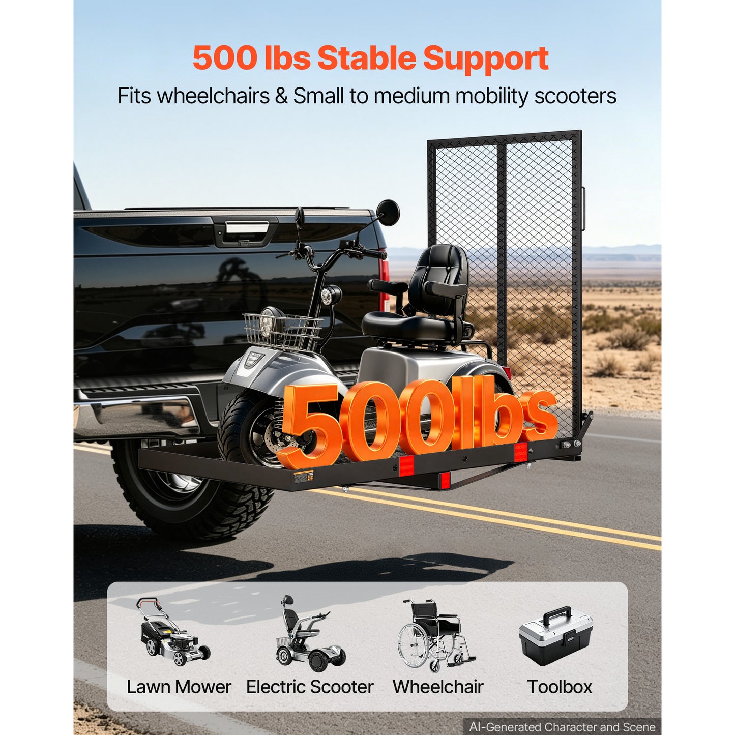 Adjustable Wheelchair Carrier with Folding Ramp 500LBS Cargo Basket for 2-Inch Hitch