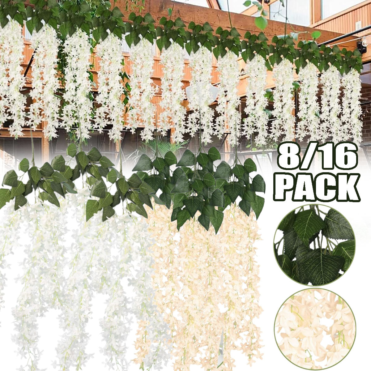 8 Pack Artificial Lilac Flower Vines - White & Champagne