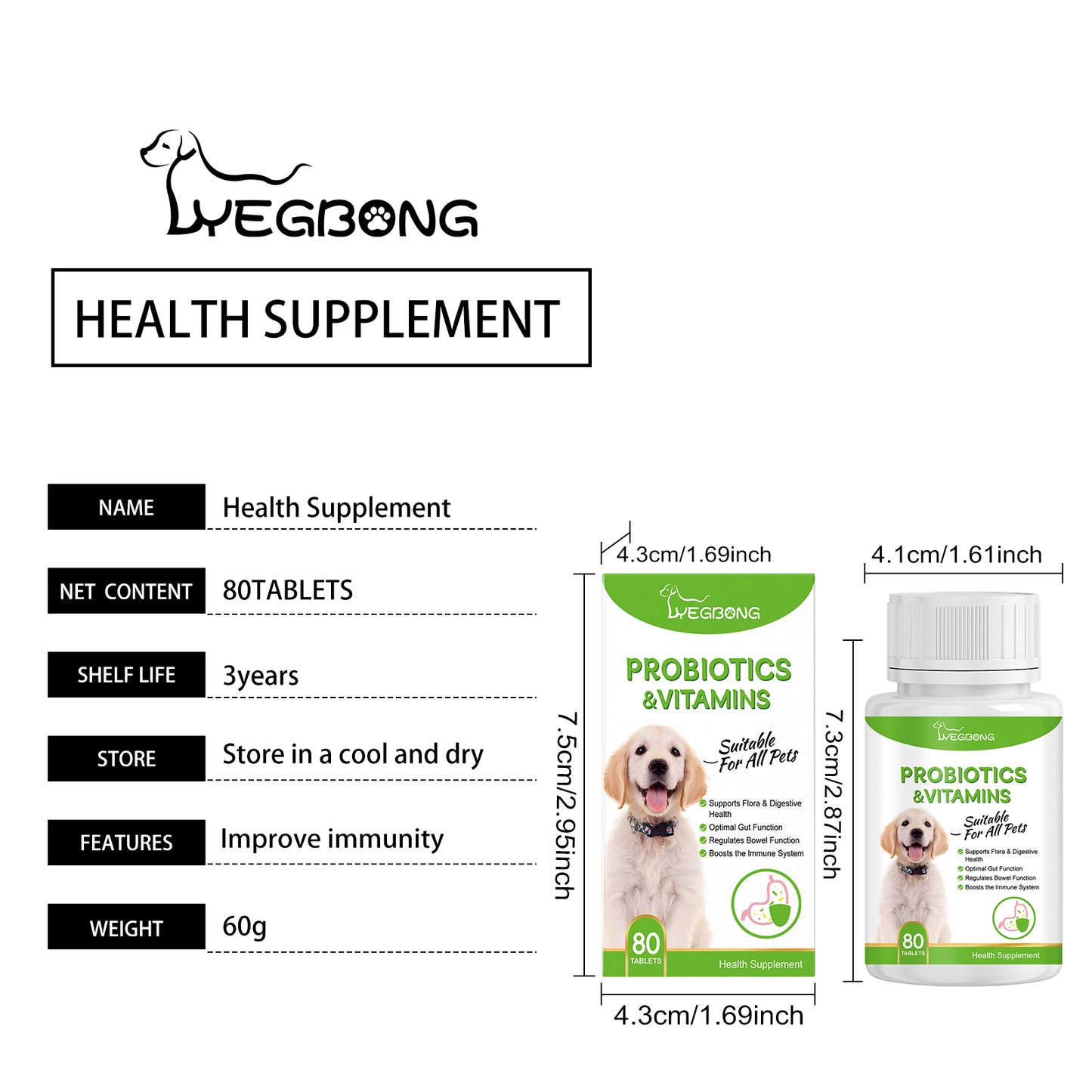 Pet Probiotics & Vitamin Tablets for Dogs & Cats - Gut & Immune Support, 80 Chewable Tablets