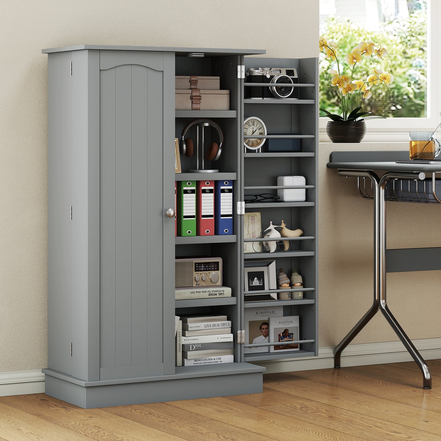 Freestanding Kitchen Pantry Cabinet with 12 Door Shelves - Gray