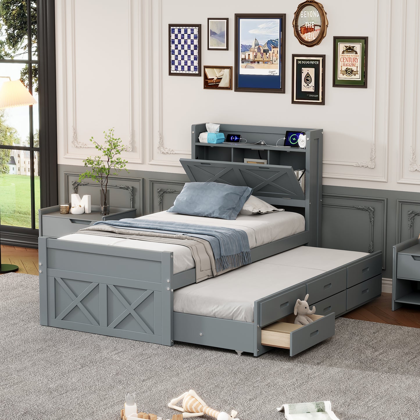 Twin Size Wooden Bed With Storage Headboard Outlets, Extendable