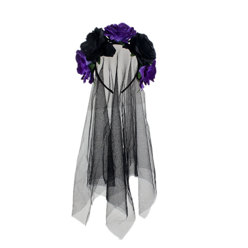 Halloween Witch Headband with Rose Flower & Veil