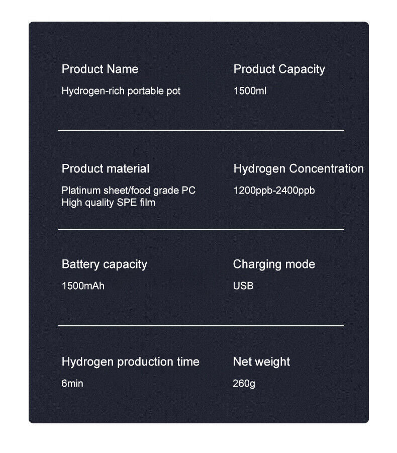 Portable Hydrogen Water Generator - 1.5L Capacity, 1200-2400ppb