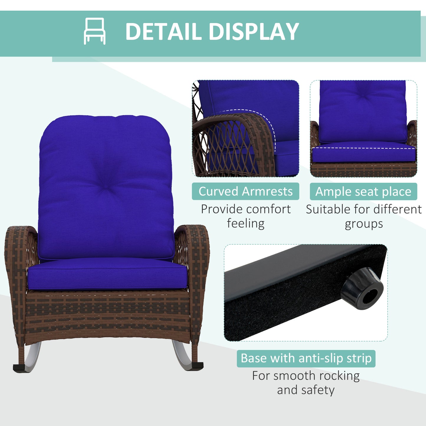Rattan Porch Rocker with Plush Cushion - Dark Blue