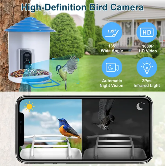Solar Powered Bird Feeder Camera 1080P HD WiFi App Control Waterproof White