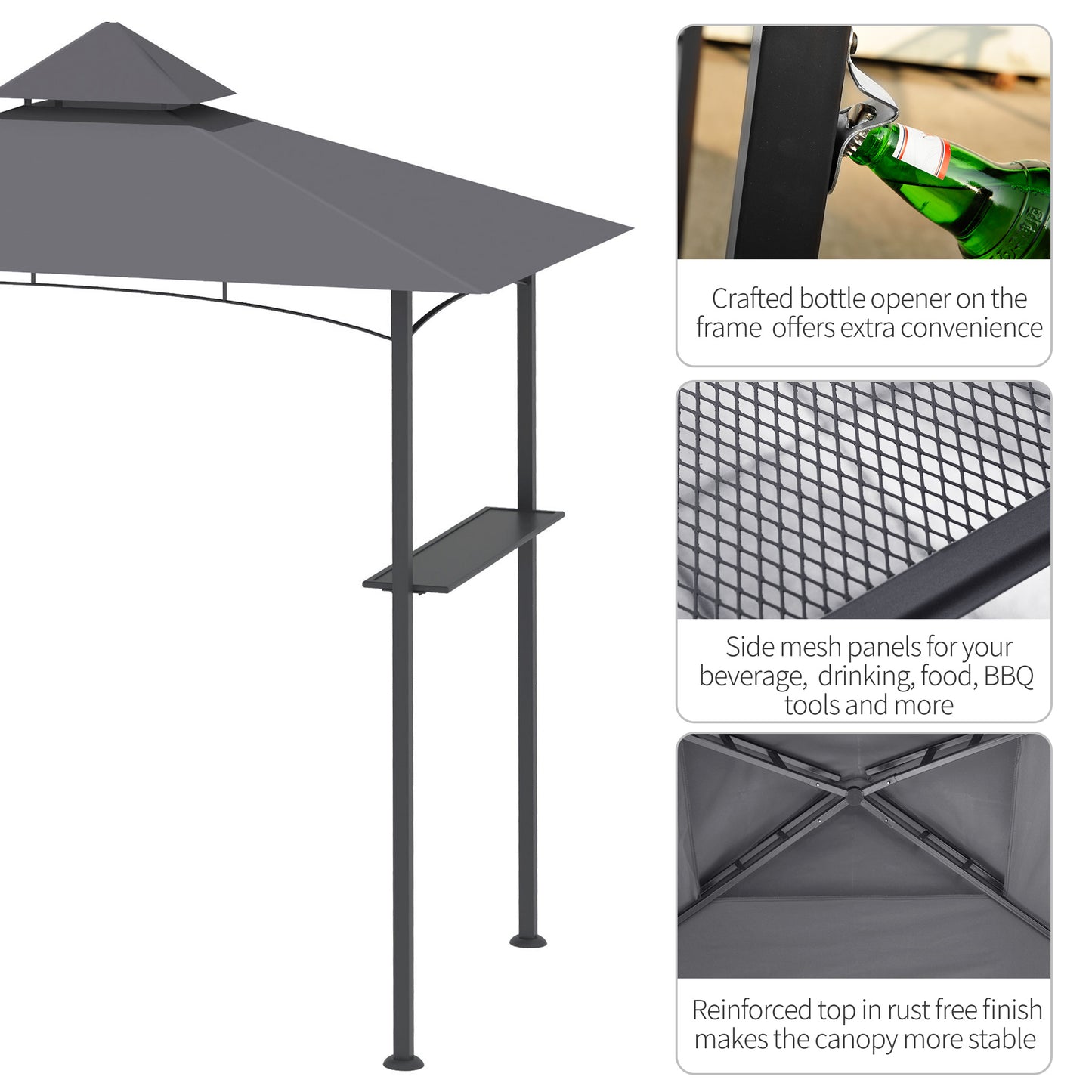 Outdoor BBQ Gazebo Canopy with Double Roof and Shelves - Gray