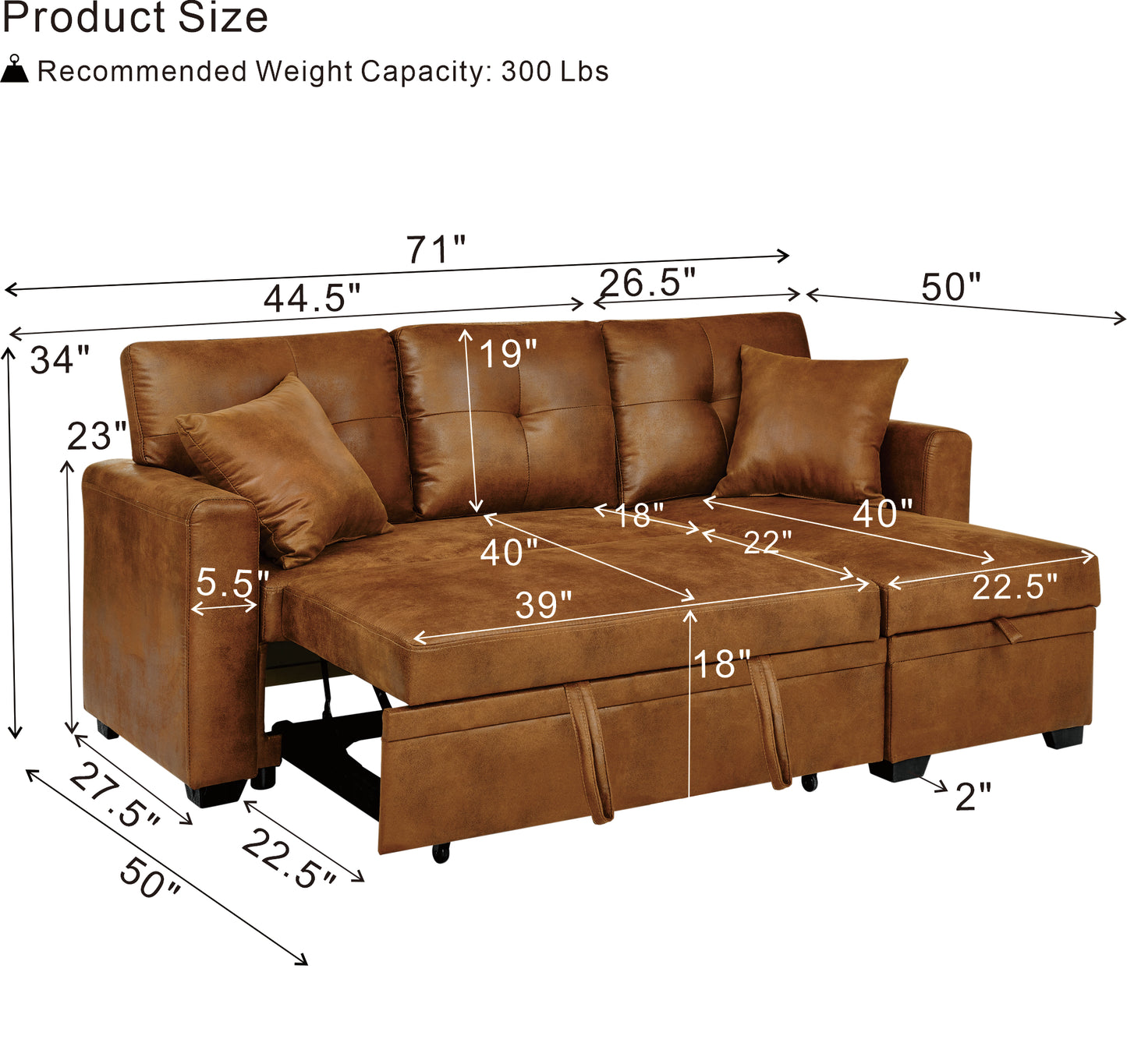 Light Brown Sectional Sofa Bed with Reversible Chaise & Storage