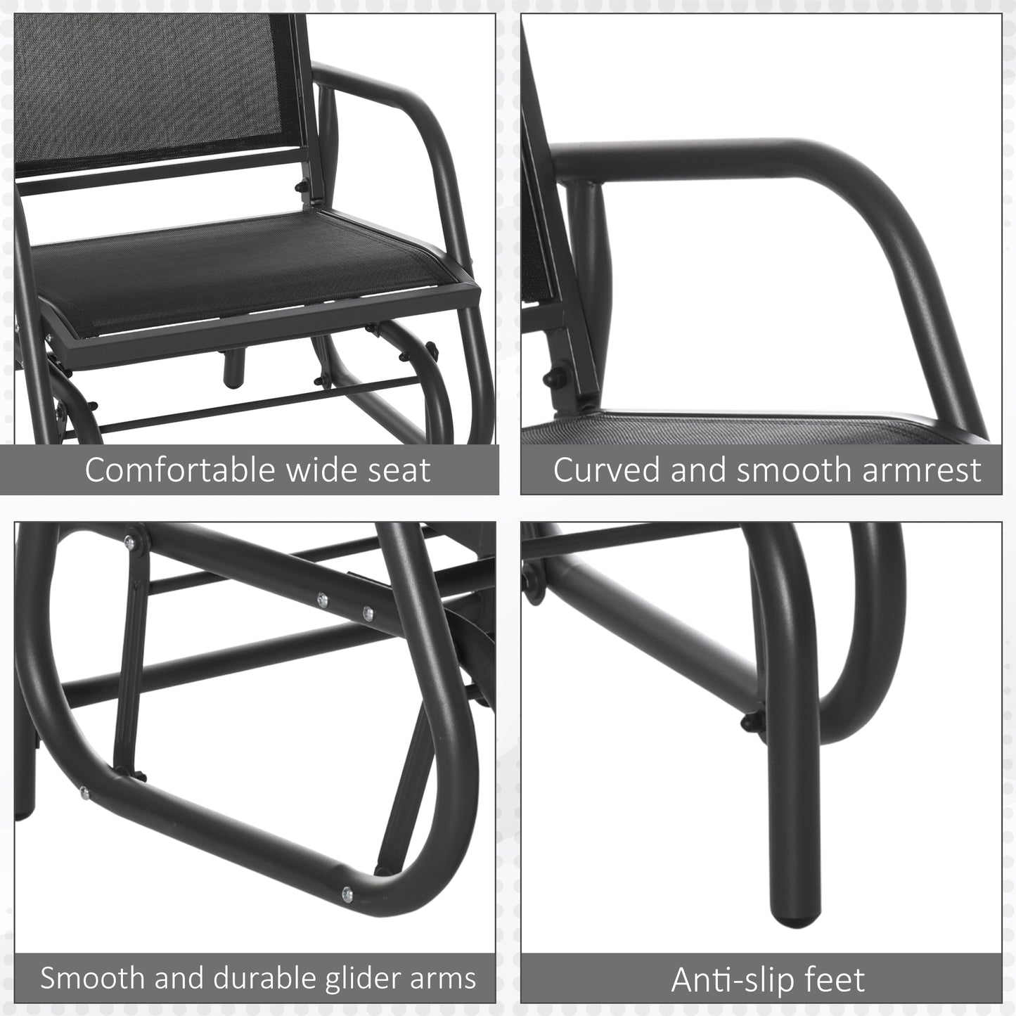Outdoor Glider Chair - Steel Swing with Curved Armrests - Black