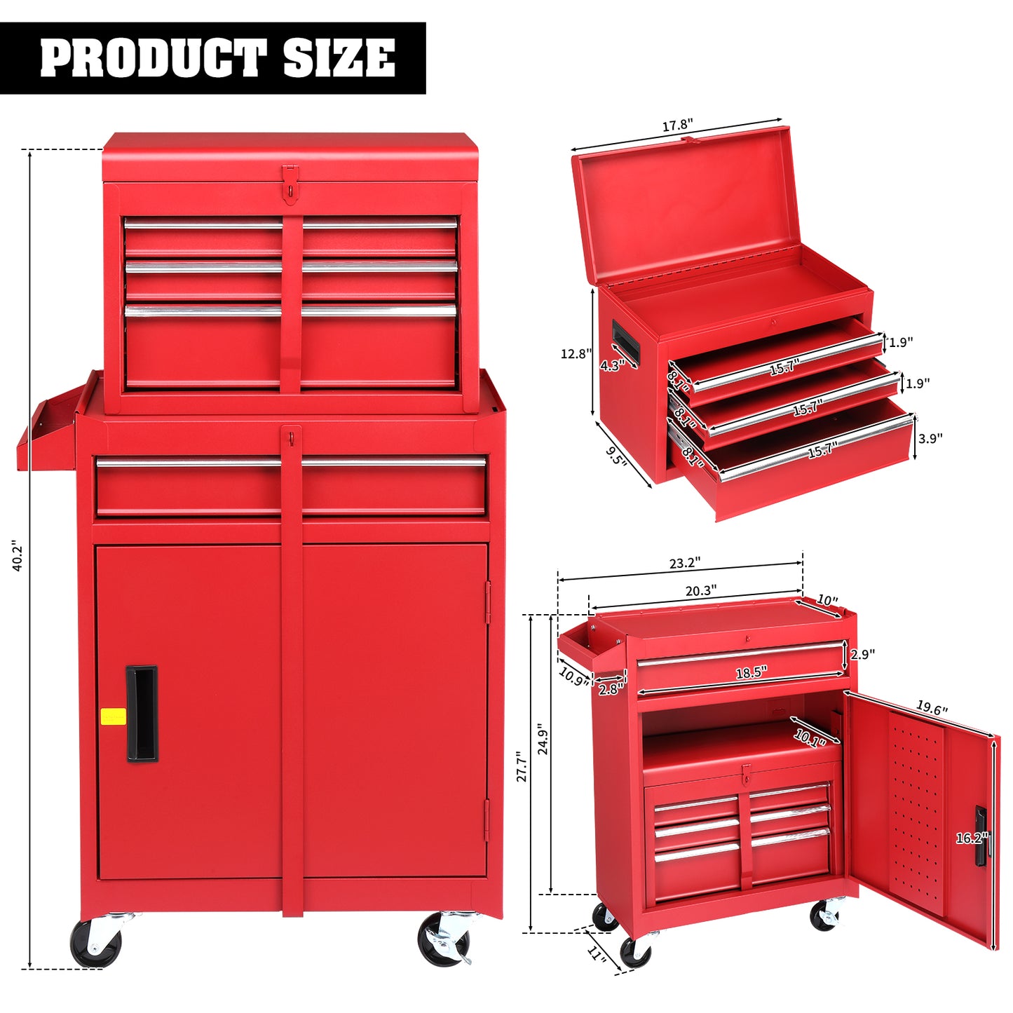 4-Drawer Steel Tool Cabinet with Lock - Heavy Duty Service Cart in Red