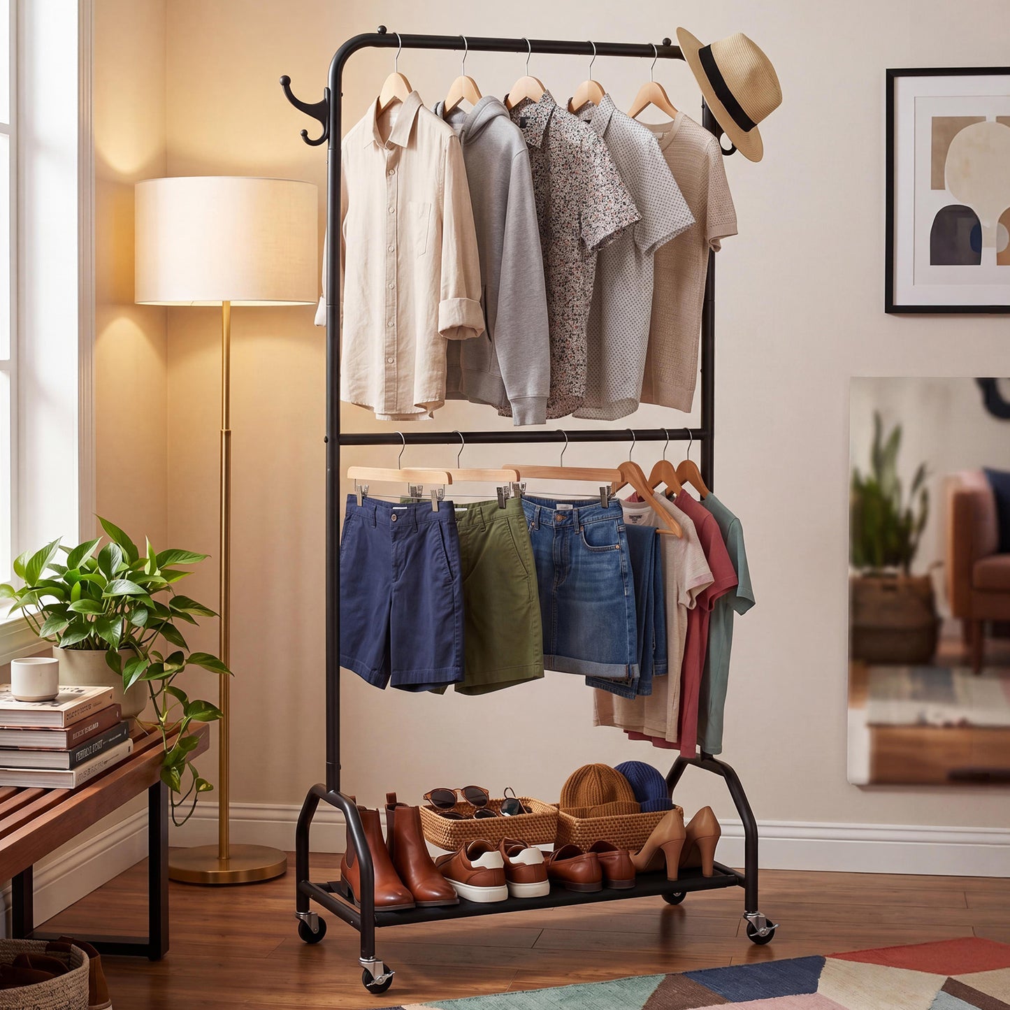 Double Hanging Clothes Rack with Wheels & Bottom Shelf - Black