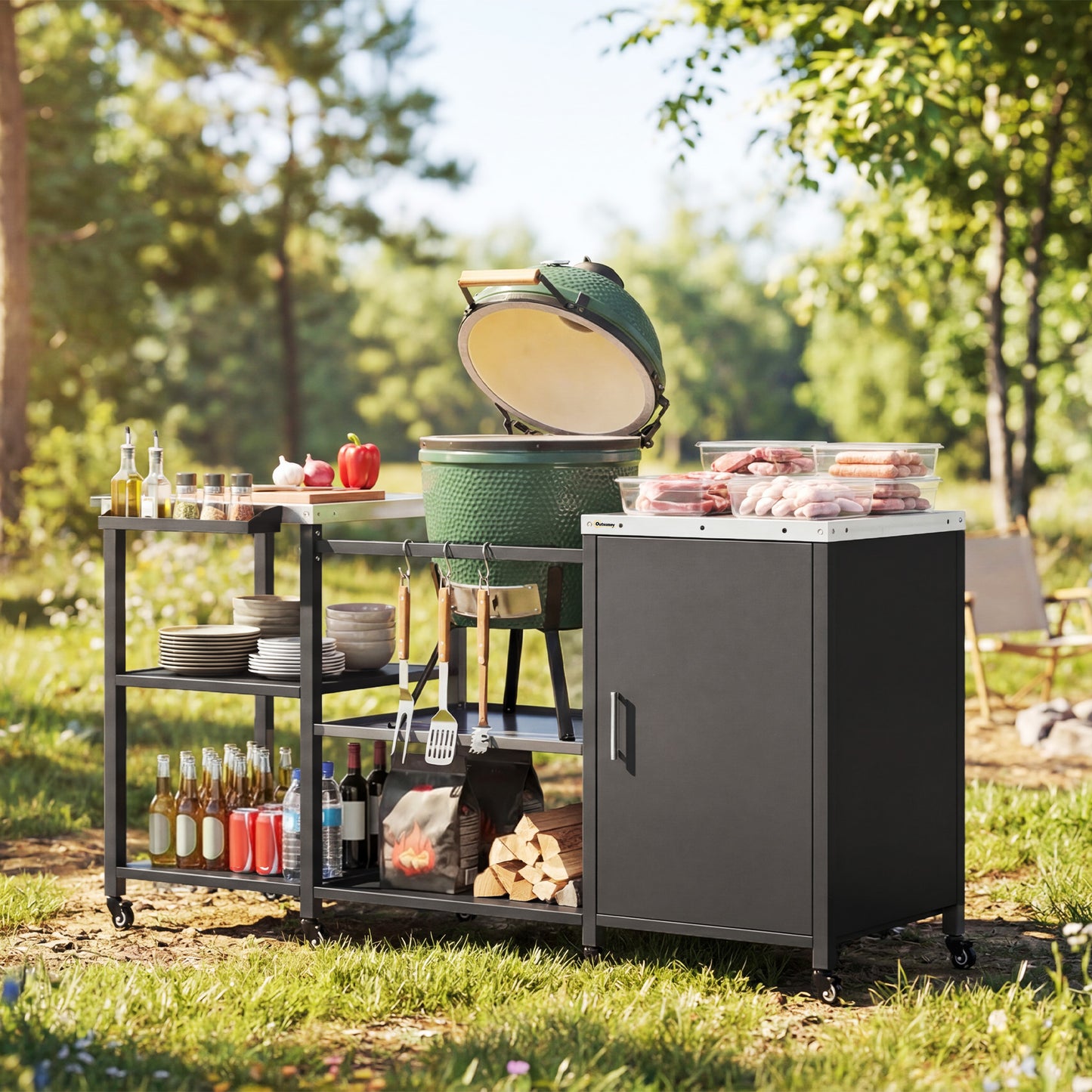 Heavy Duty Metal Grill Table with Stainless Steel Top - Black