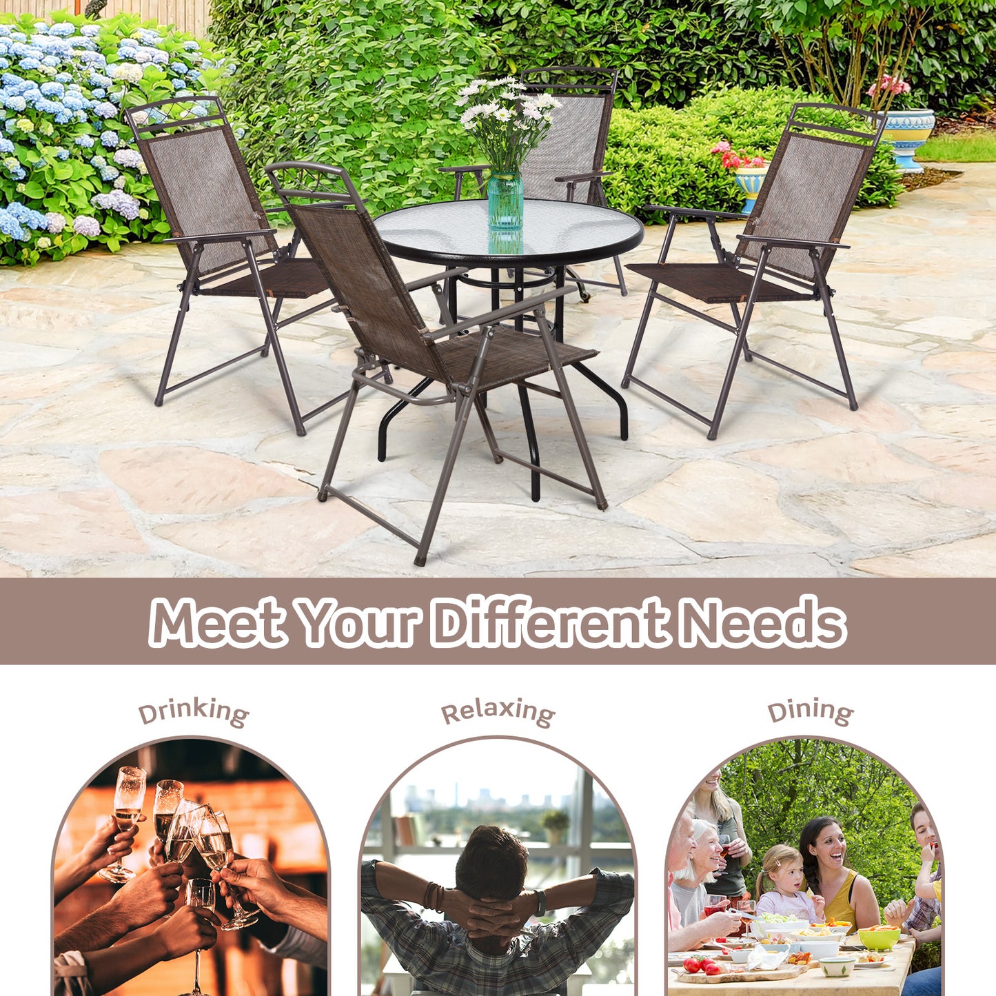 Set of 4 Folding Sling Patio Chairs - Steel Frame, Weather-Resistant Fabric