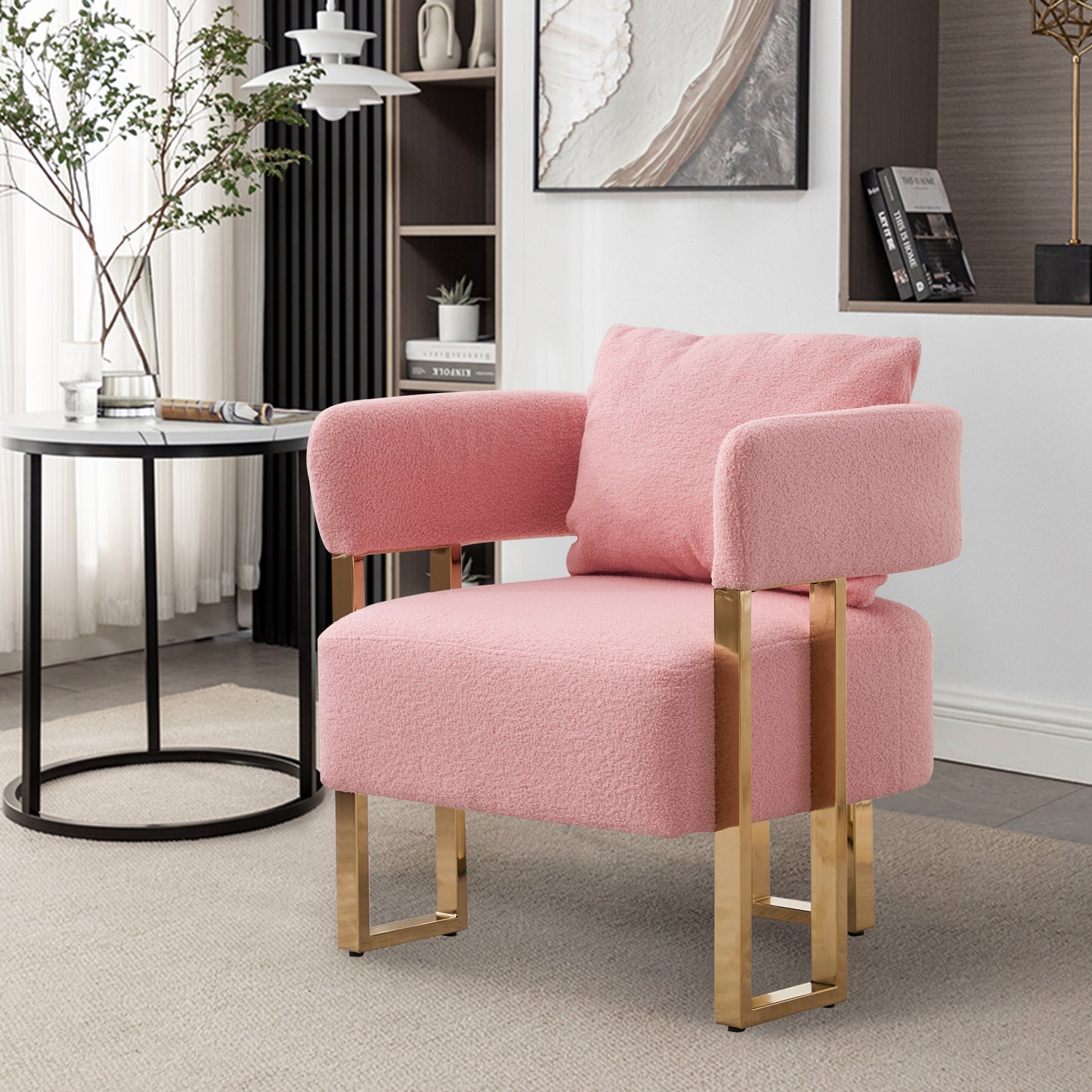 Modern Decorative Chair with Gold Metal Legs - Pink