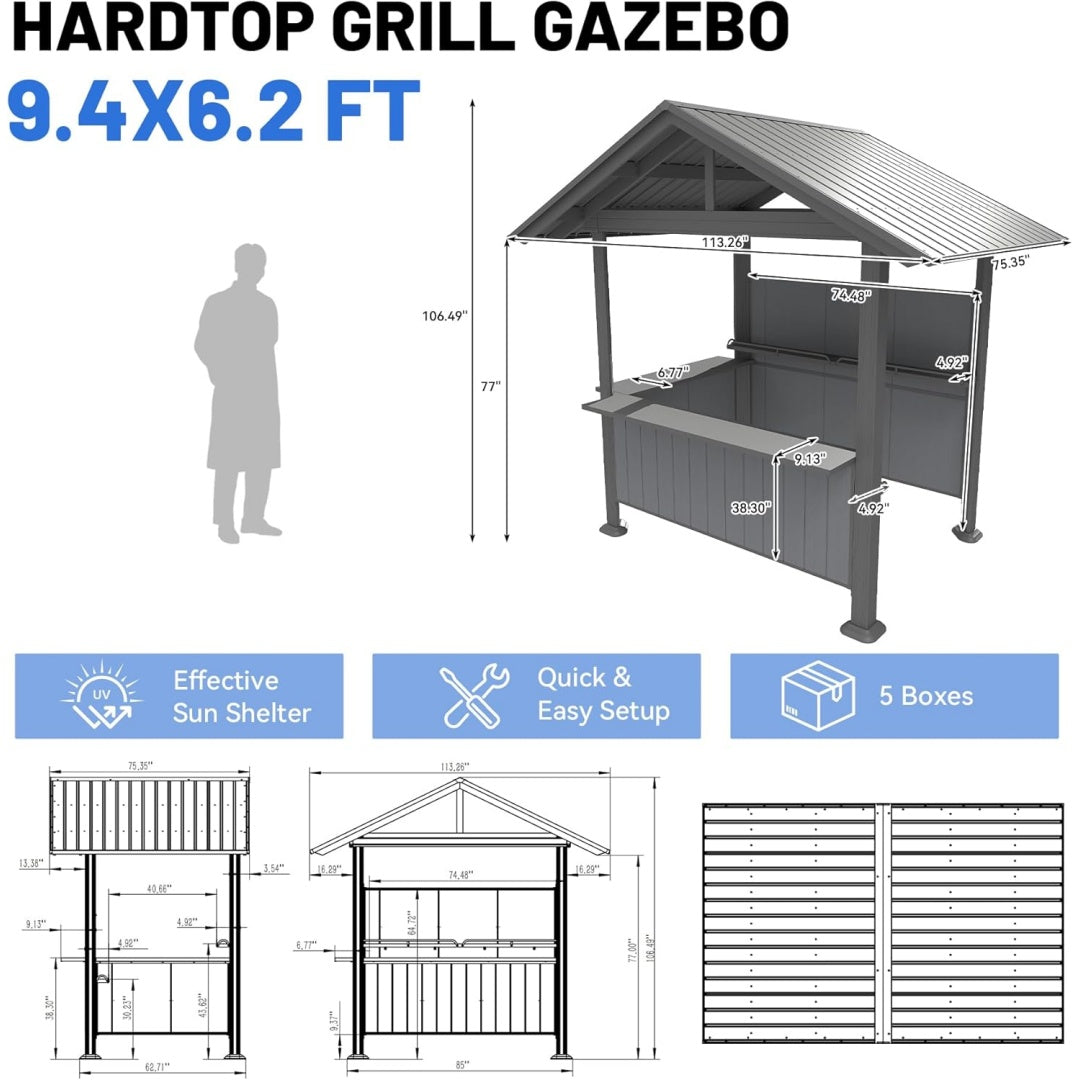 9.4X6.2 FT Hardtop Grill Gazebo, Gable Outdoor Gazebo With Storage