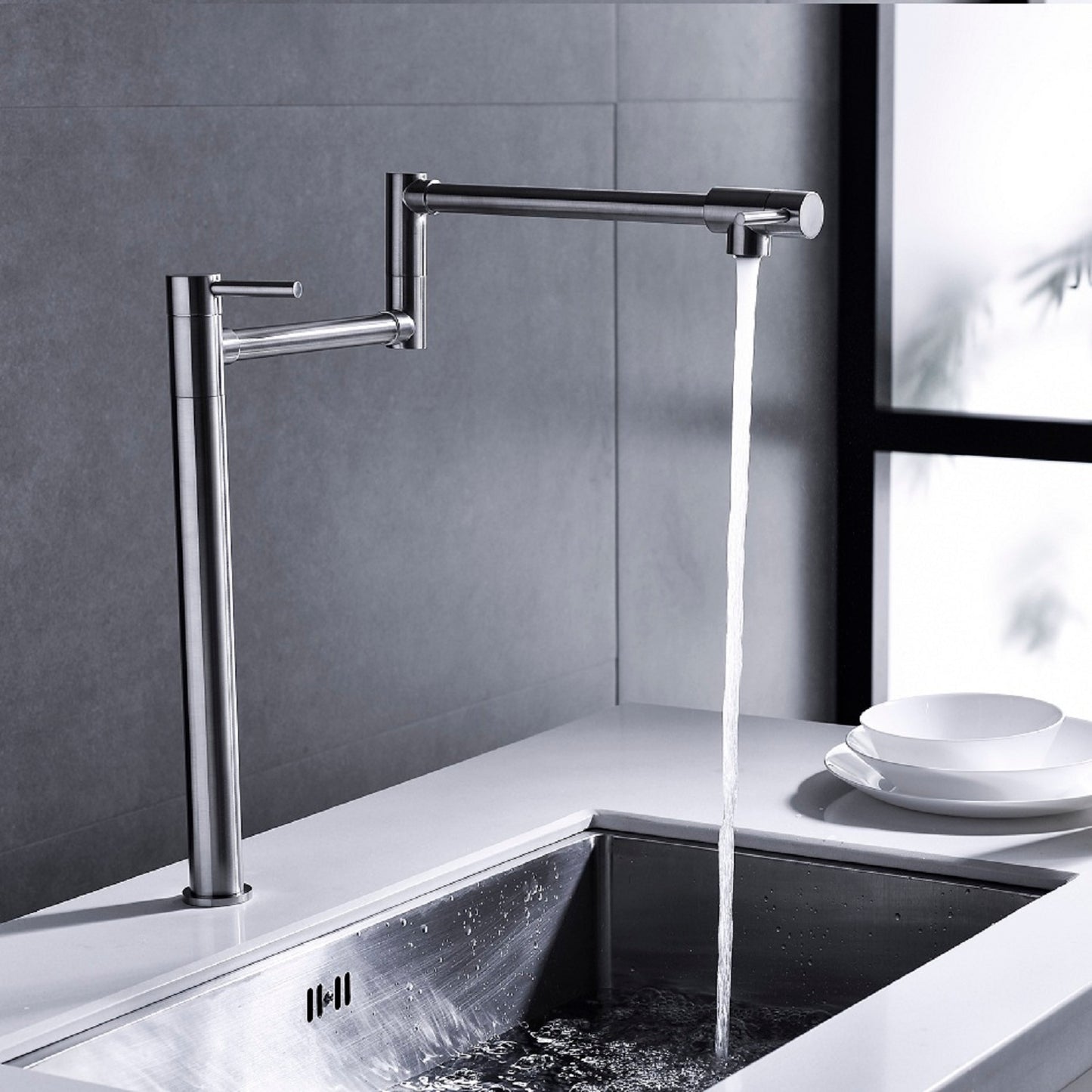 Modern Pot Filler Faucet with Extended Handle - Brushed Nickel