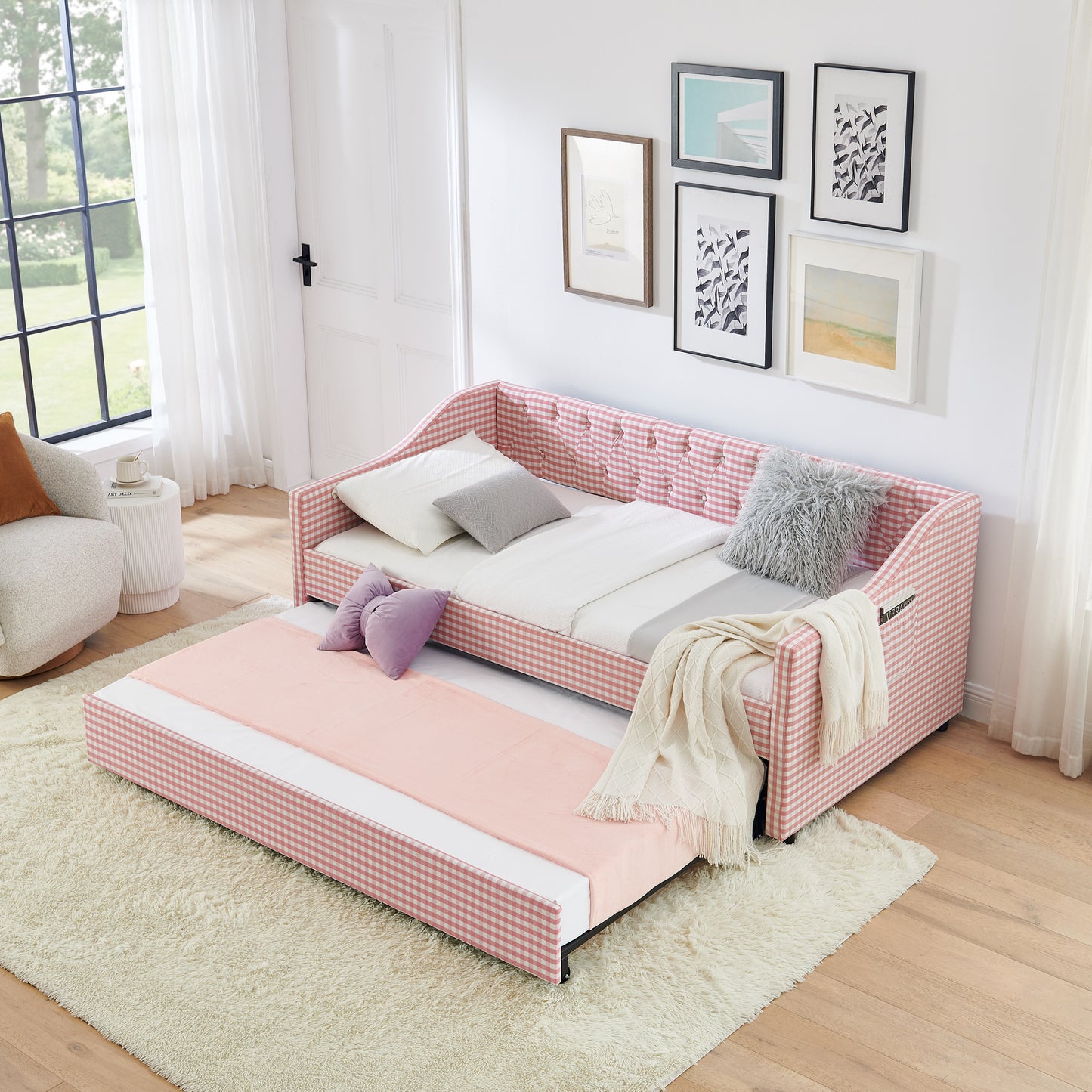 Twin Size Upholstered Daybed with Trundle & Storage - Pink