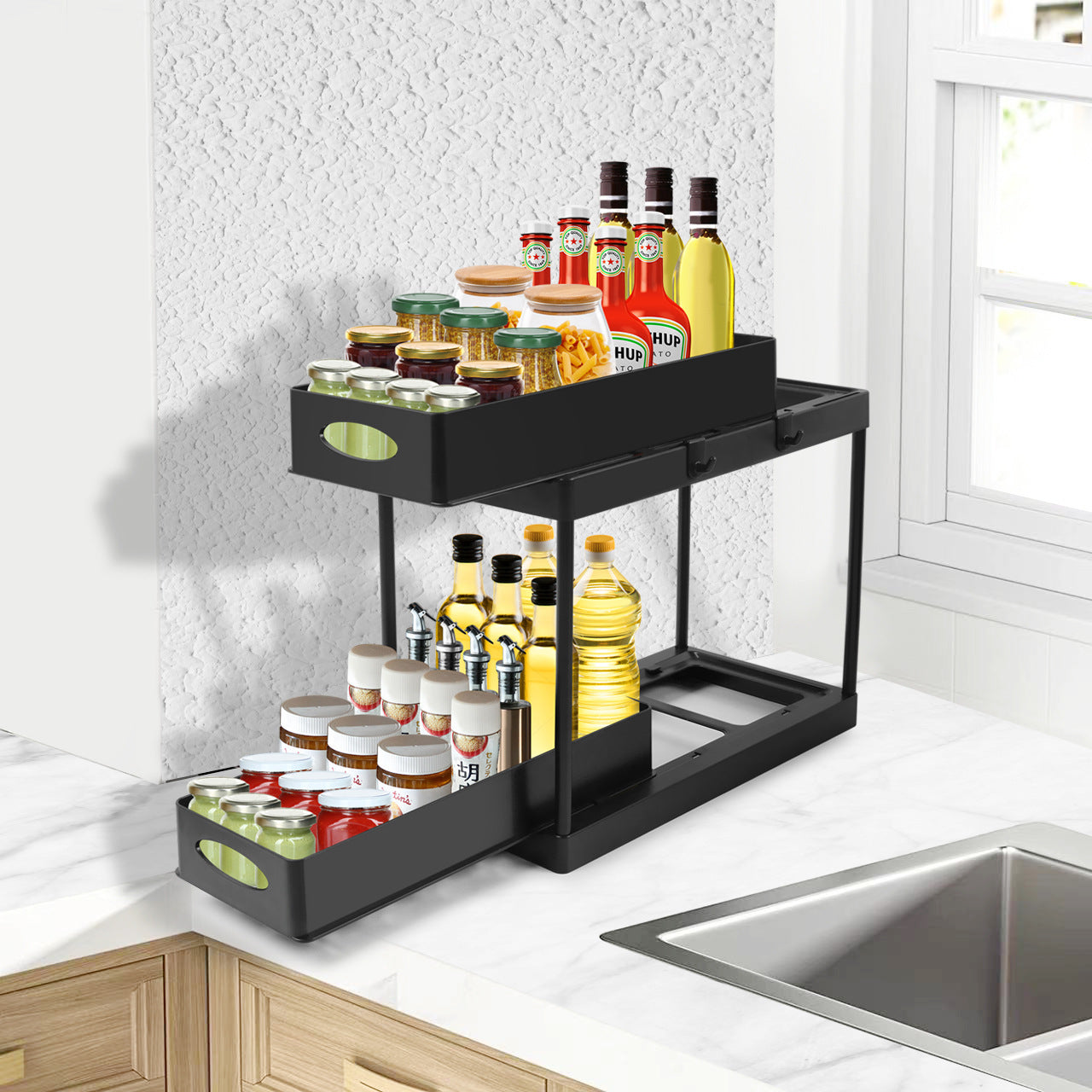 Double-Layer Pull-Out Kitchen Sink Organizer Rack - Black Plastic Storage Shelf