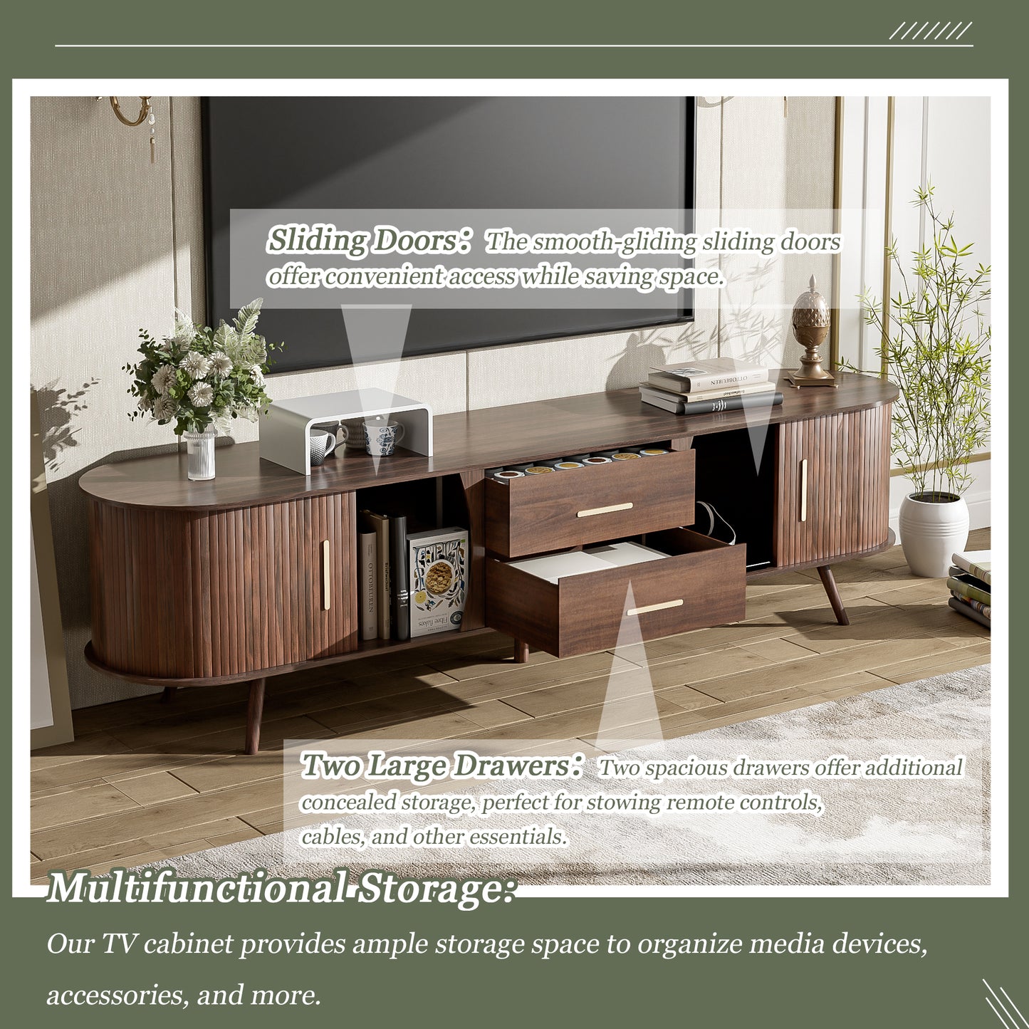 Mid-Century Modern TV Stand for 80" TV, Dark Brown Entertainment Center with 2 Drawers