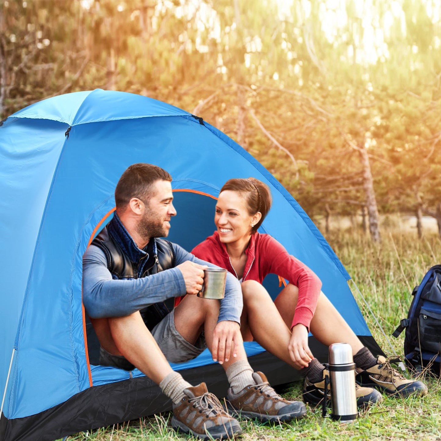 4-Person Waterproof Camping Tent with Mosquito Net - Blue