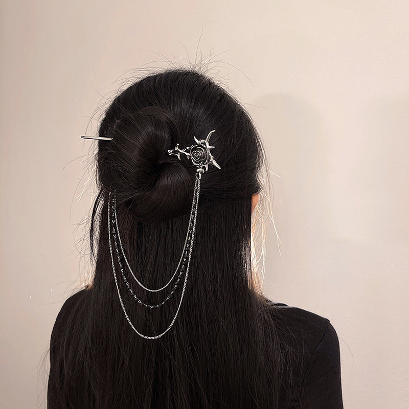 Rose Flower Chain Hairpin - Korean Style Metal Hair Stick