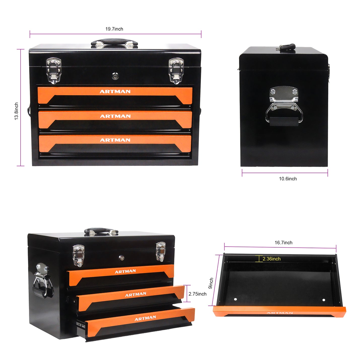 3 Drawer Tool Box with Tool Set - Heavy Duty Metal Storage Organizer