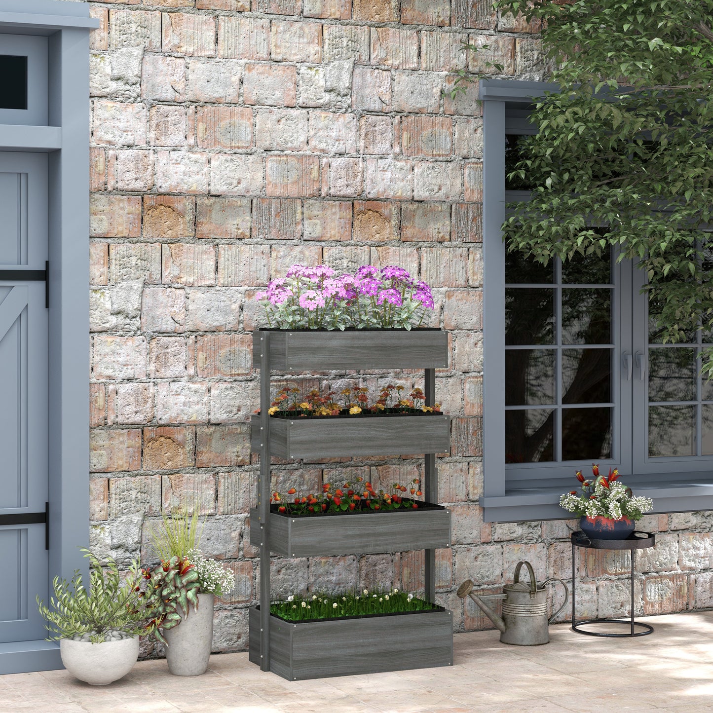 Outdoor Wooden Vertical Garden Planter Box - 4 Tier Self-Draining Herb Vegetables Flower Bed