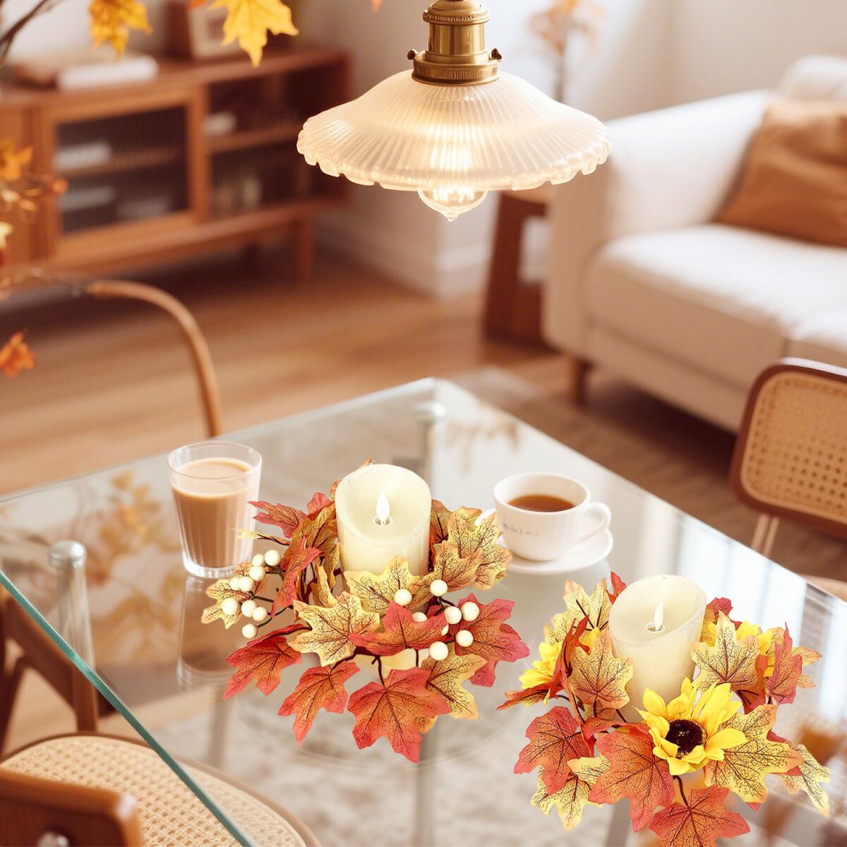 Fall Candle Rings - 2 Pcs Decorative Wreaths with Maple Leaves & Berries