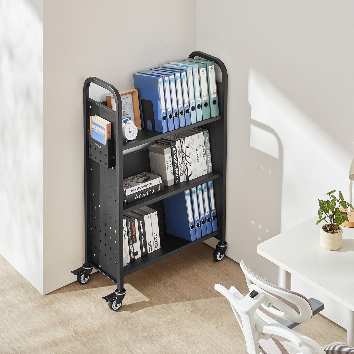 3-Tier Rolling Book Cart with V-Shaped Shelves - Heavy Duty, Black