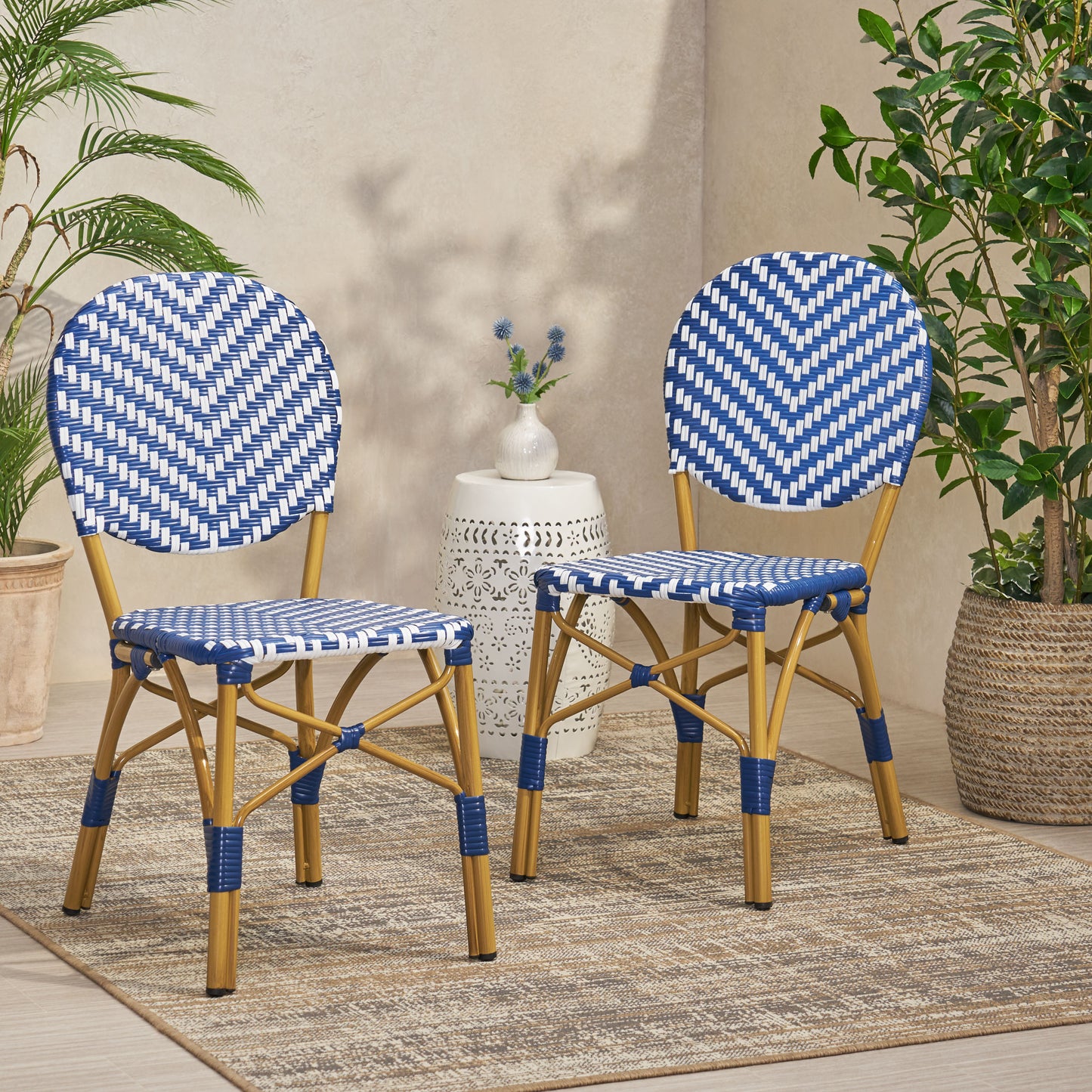 Outdoor PE Ratten And Aluminum French Armless Bistro Chairs, Set Of