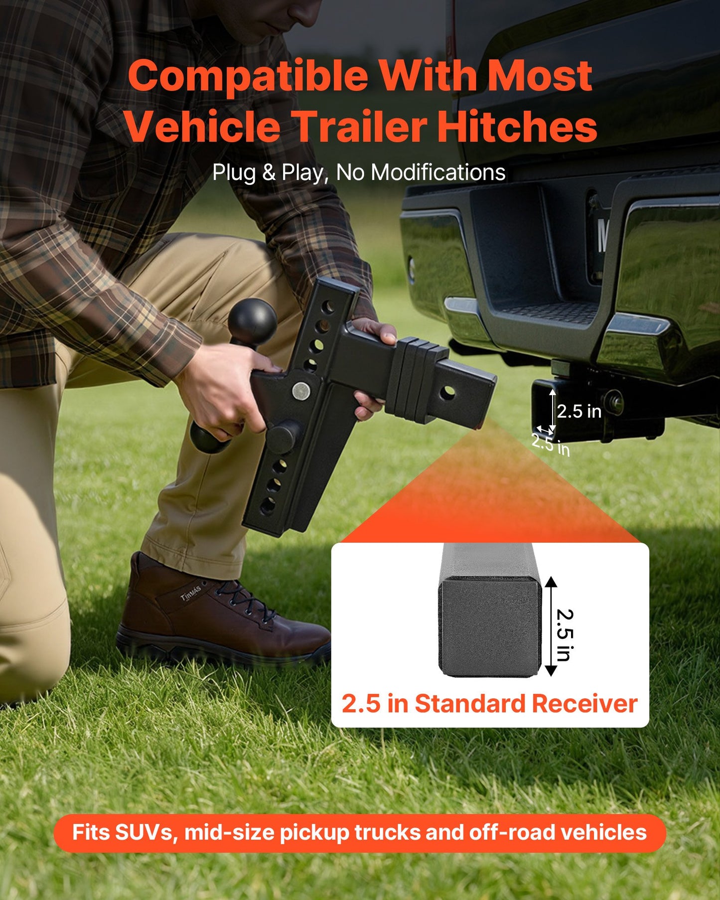 Adjustable Trailer Hitch Ball Mount 2.5-Inch Receiver 28,000 Lbs Towing Capacity