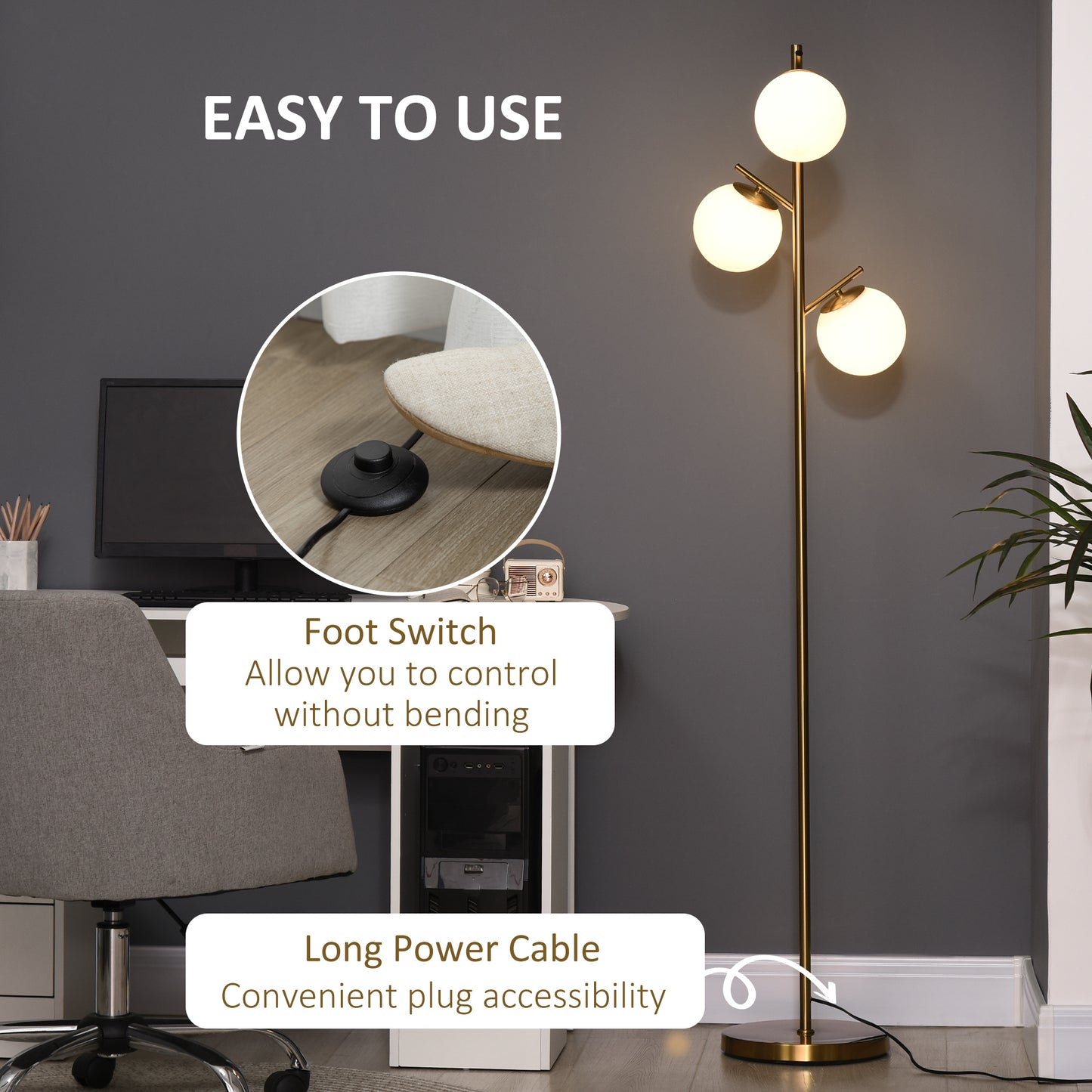 Modern 3-Light Floor Lamp with Globe Shades - Gold Tall Standing Lamp for Living Room