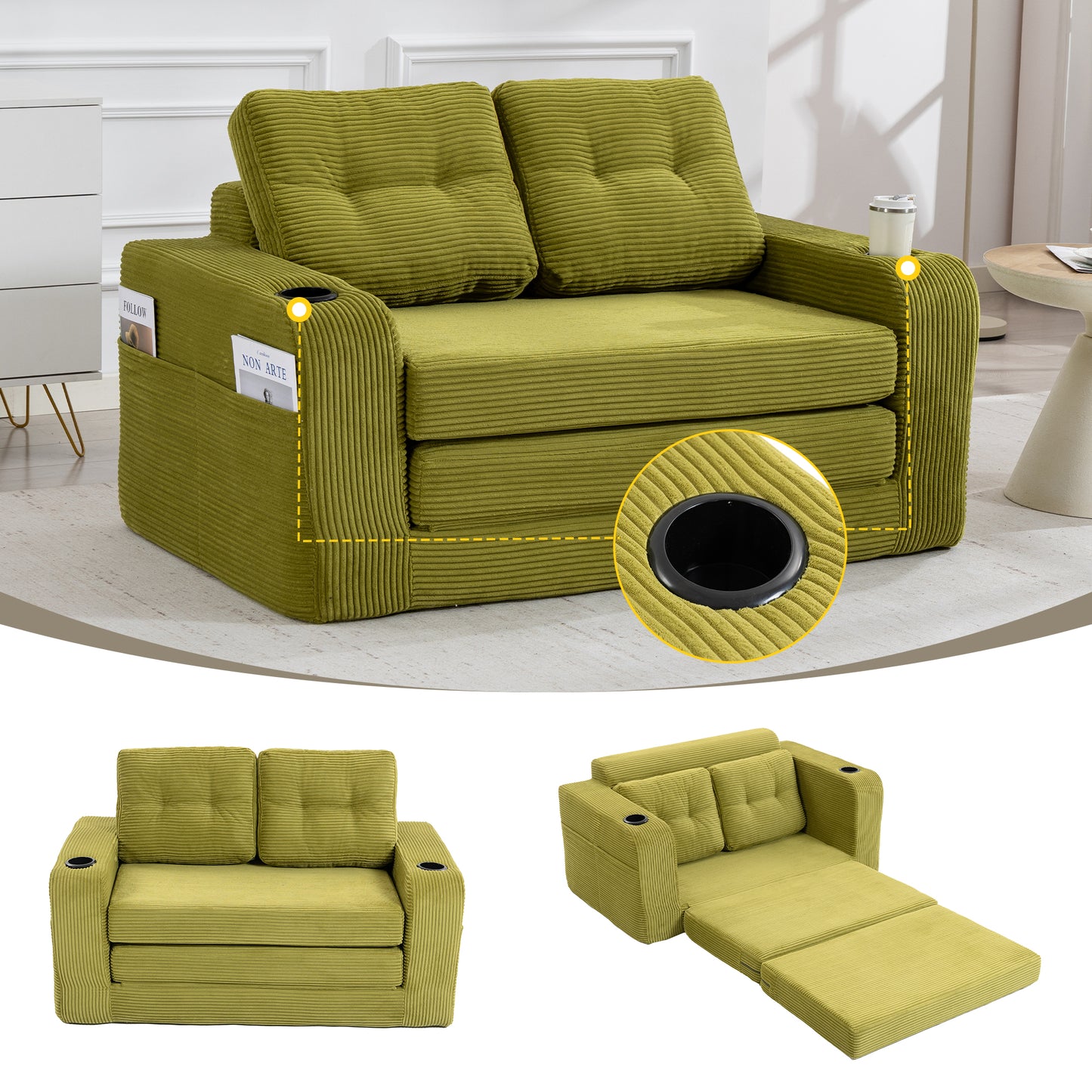 Convertible Sofa Bed - Expandable 2-in-1 Floor Couch with Pillows - Olive
