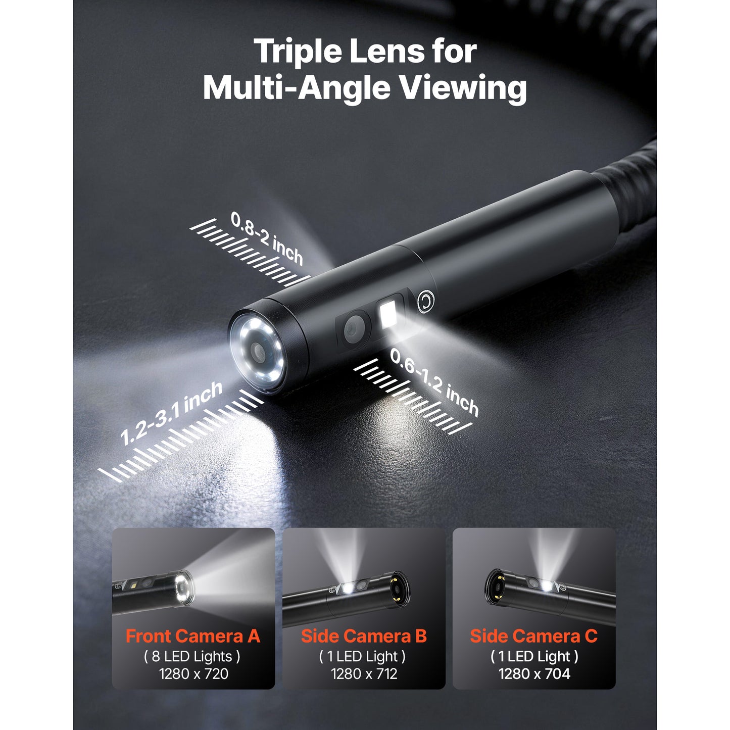 Industrial Borescope Endoscope with 8X Zoom, HD Split Screen, 16.4ft Waterproof Snake Camera