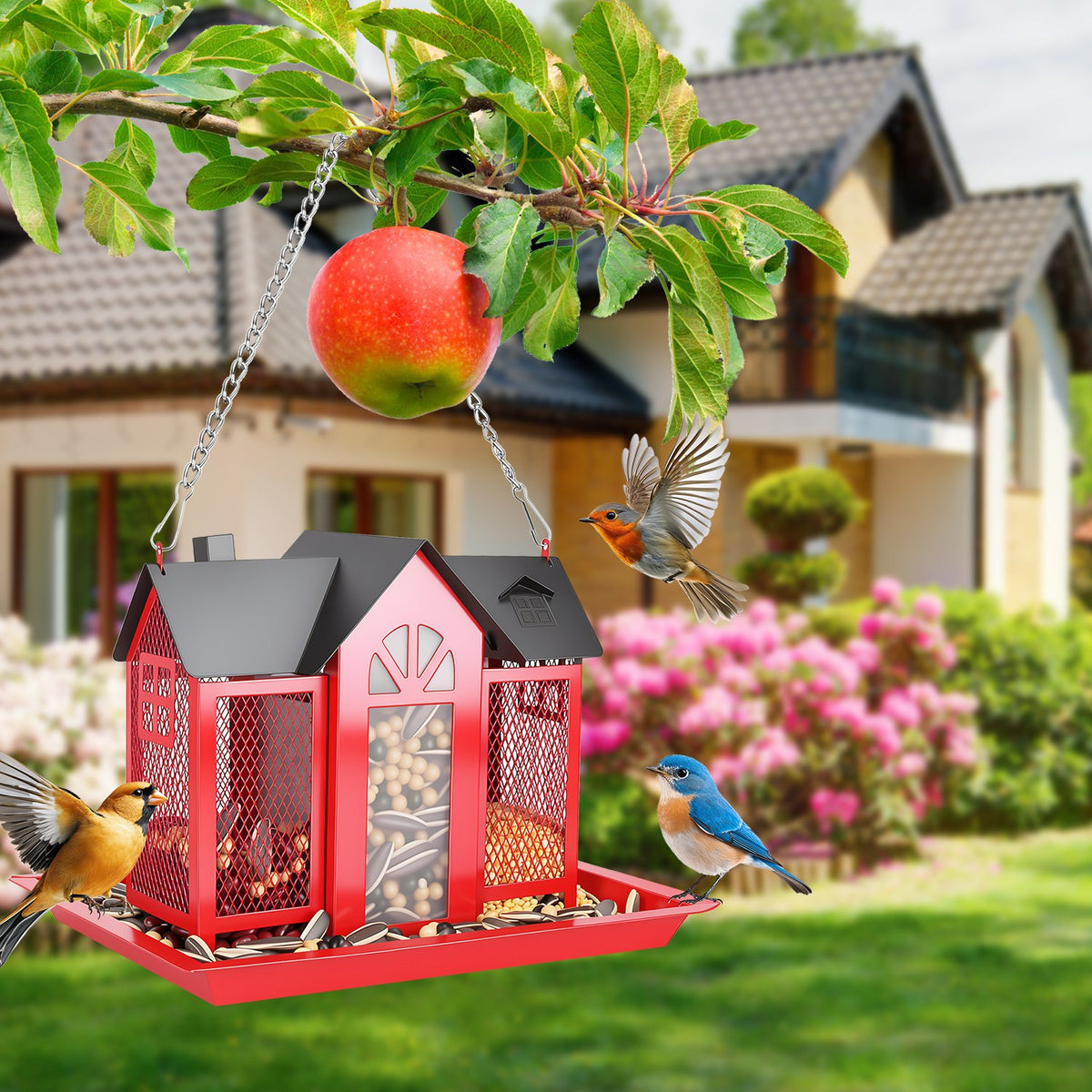 Metal Bird Feeder House with Visible Window & Lift Top - Outdoor Garden Decor