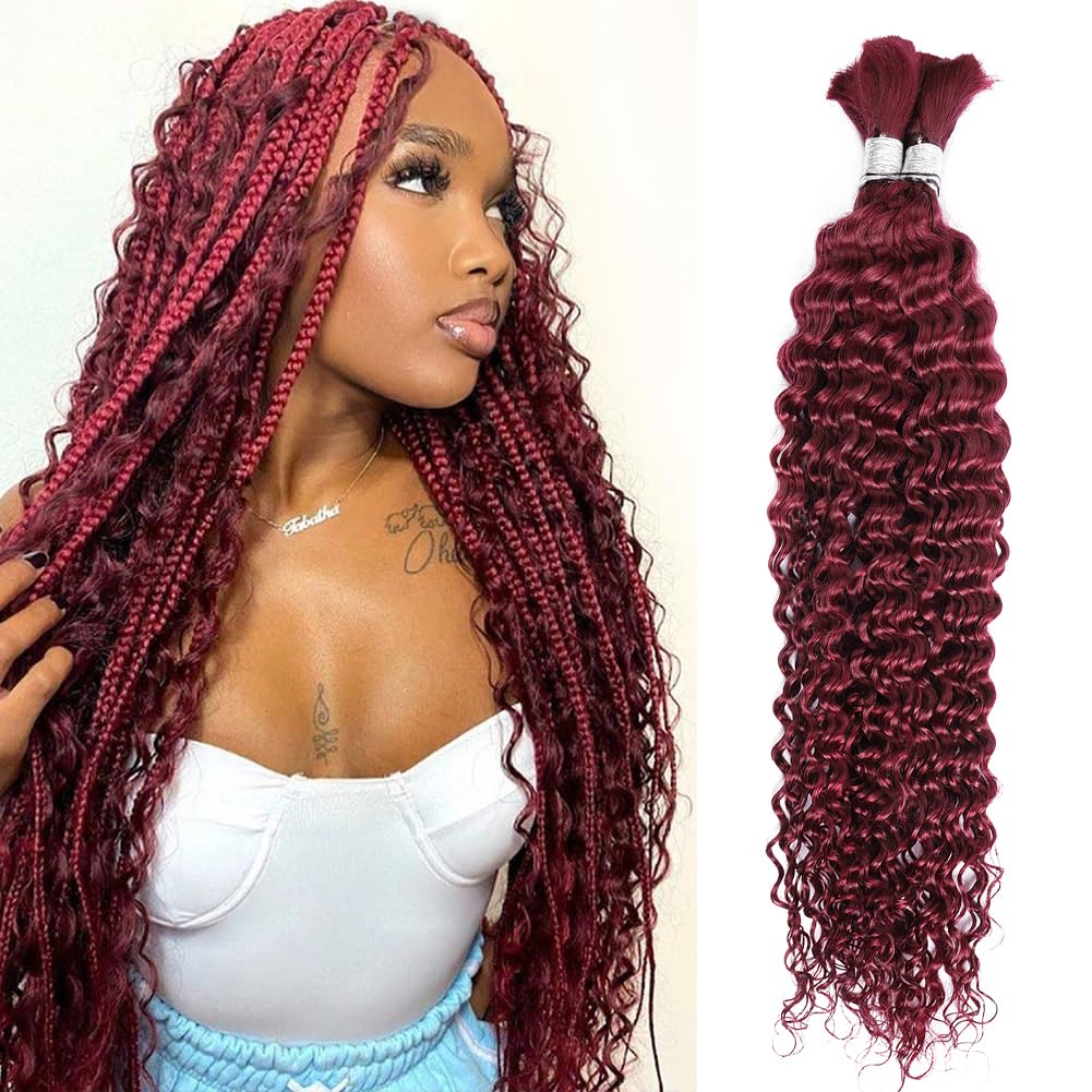 Human Braiding Hair 100g 26 Inch Deep Wave Bulk Human Hair for Braiding 2 Bundles/Pack No Weft Brazilian Virgin Deep Curly Human Hair Extensions Color 99J Burgundy Braiding Hair for Micro Braids